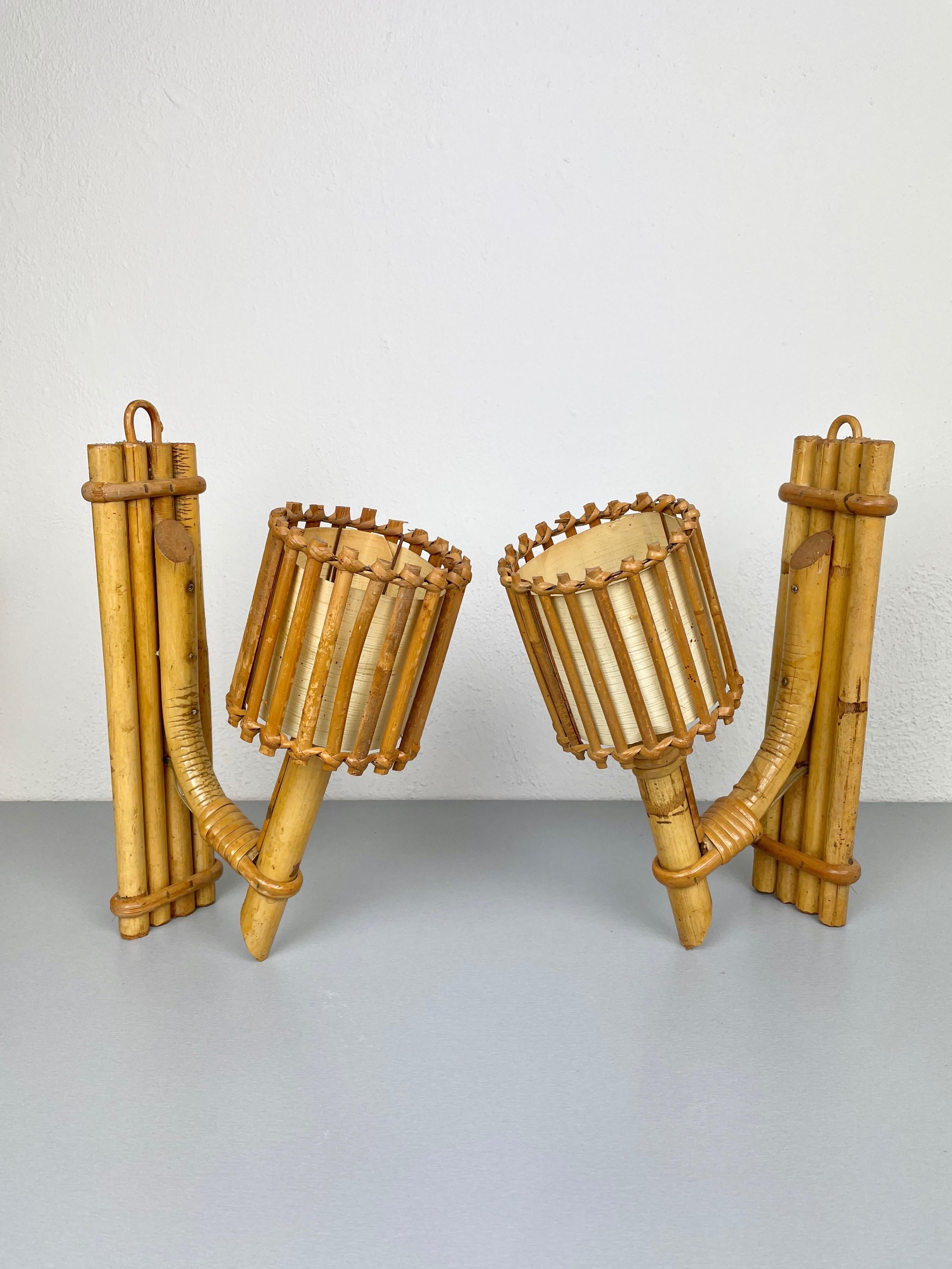 Mid-20th Century Set of Three Rattan Sconces Lantern by Louis Sognot, France, 1950s