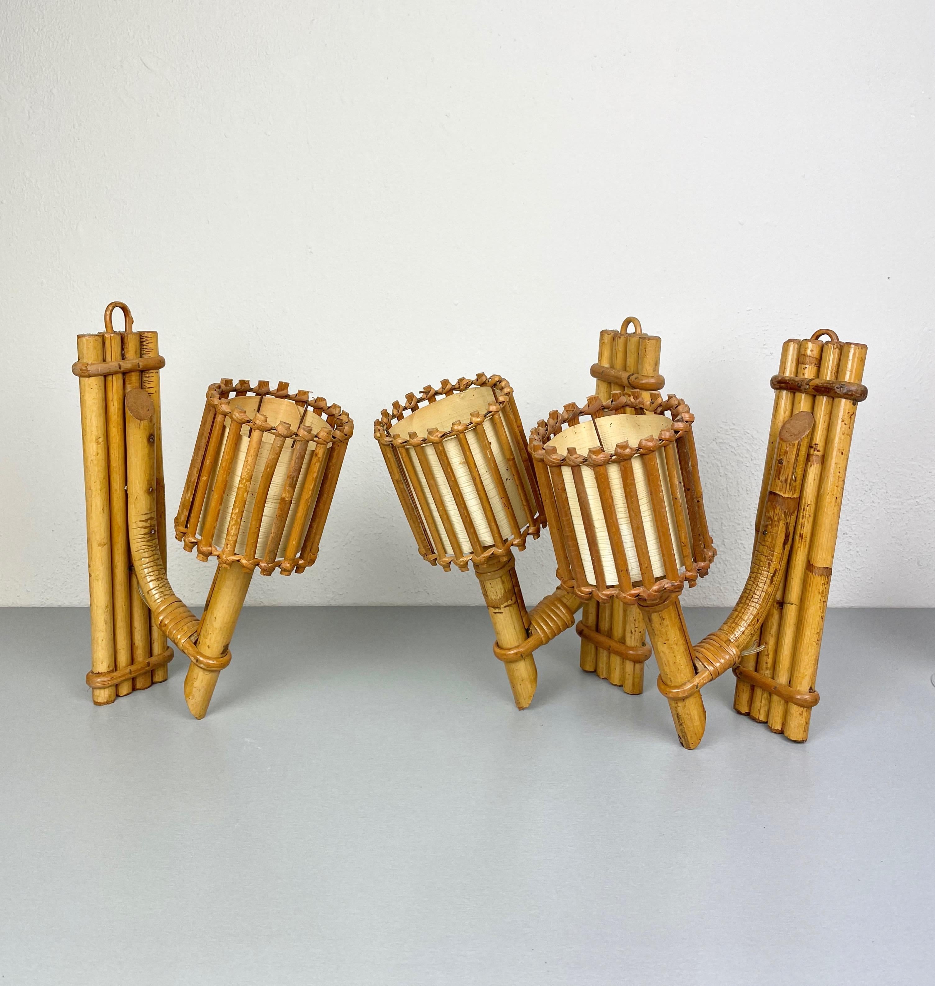 Bamboo Set of Three Rattan Sconces Lantern by Louis Sognot, France, 1950s