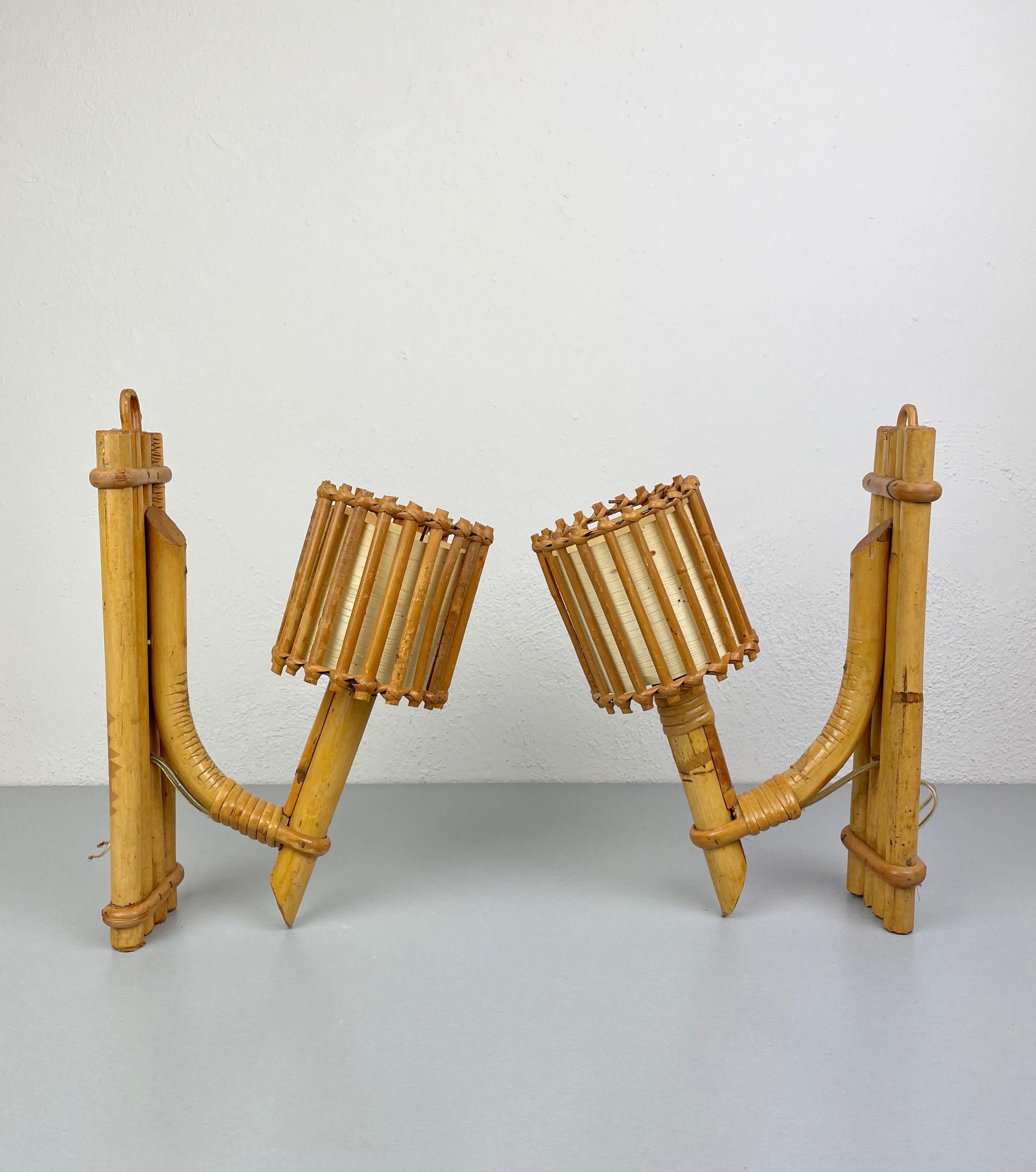 Set of Three Rattan Sconces Lantern by Louis Sognot, France, 1950s 1