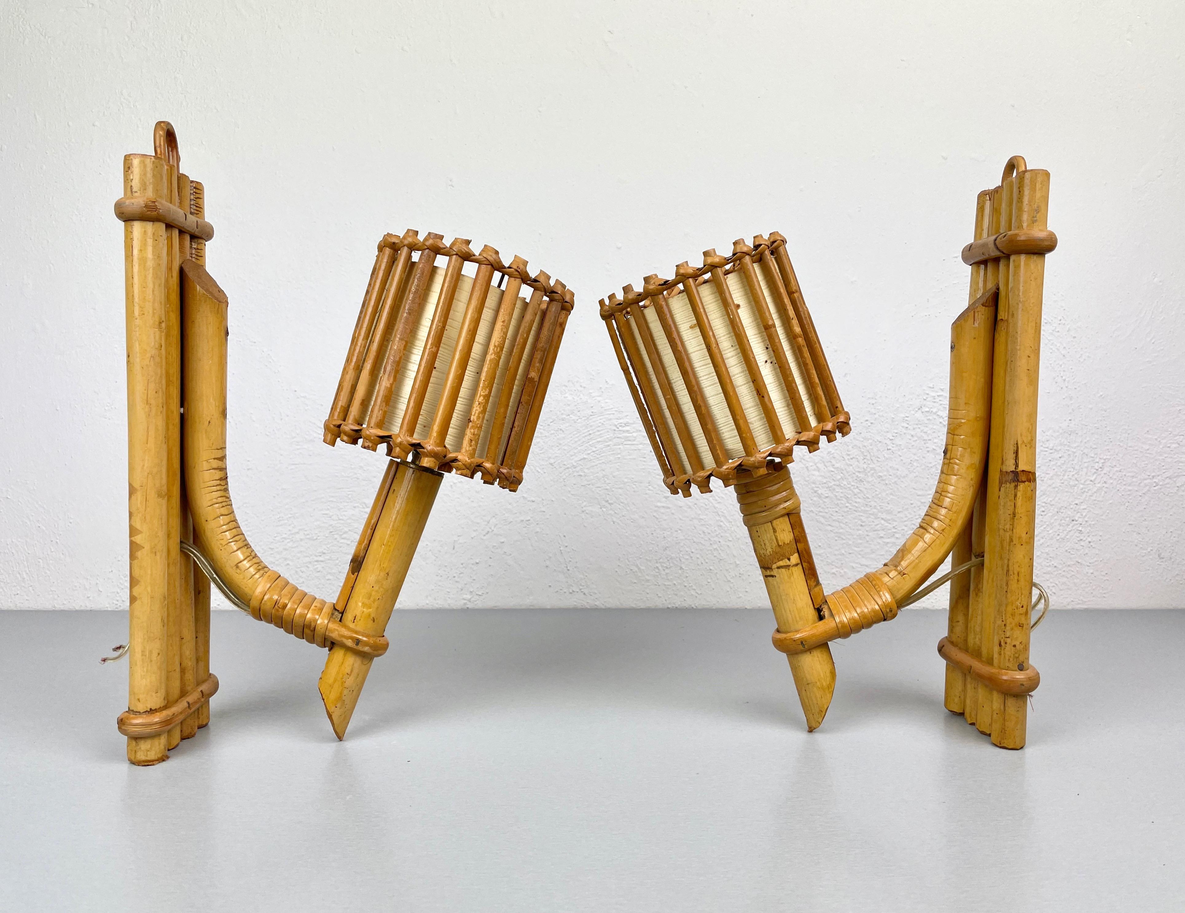 Set of Three Rattan Sconces Lantern by Louis Sognot, France, 1950s 2