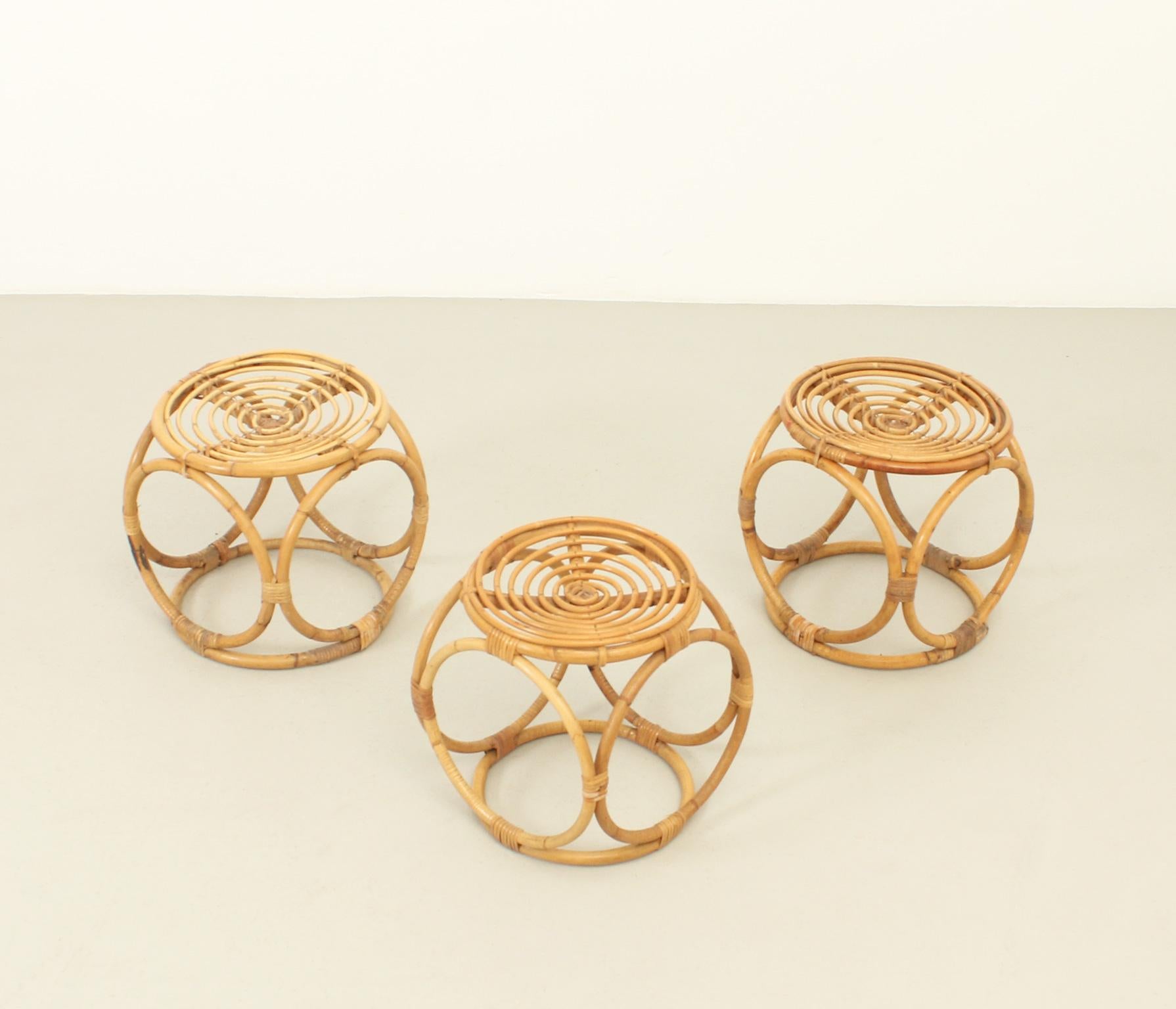Mid-Century Modern Set of Three Rattan Stools from 1970's, Spain For Sale