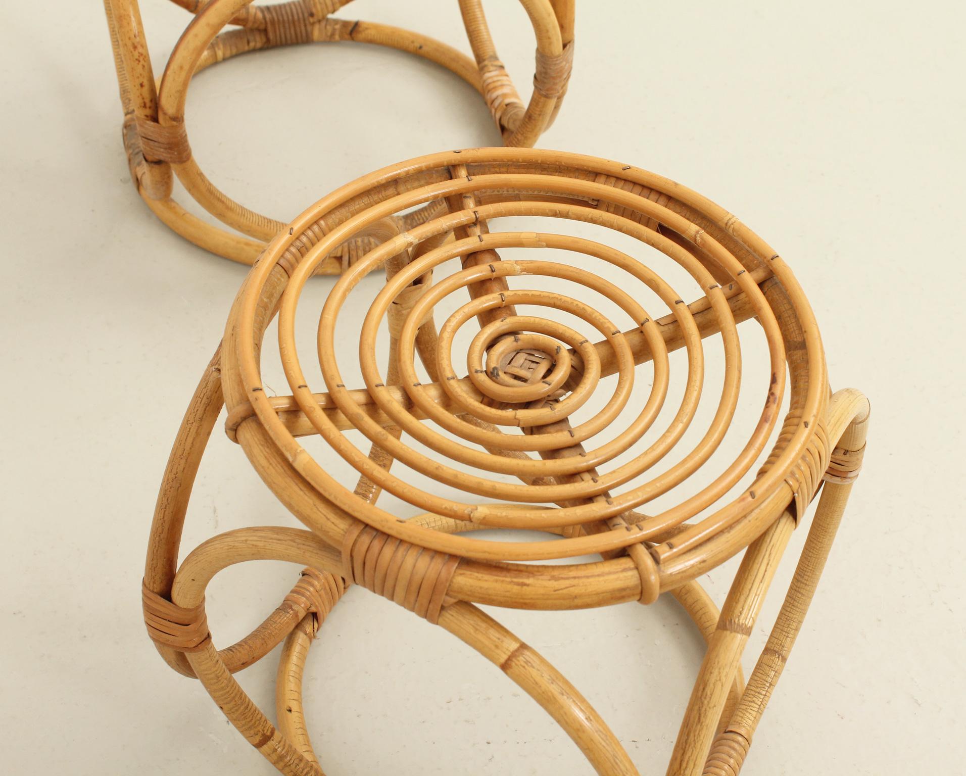 Set of Three Rattan Stools from 1970's, Spain In Good Condition For Sale In Barcelona, ES