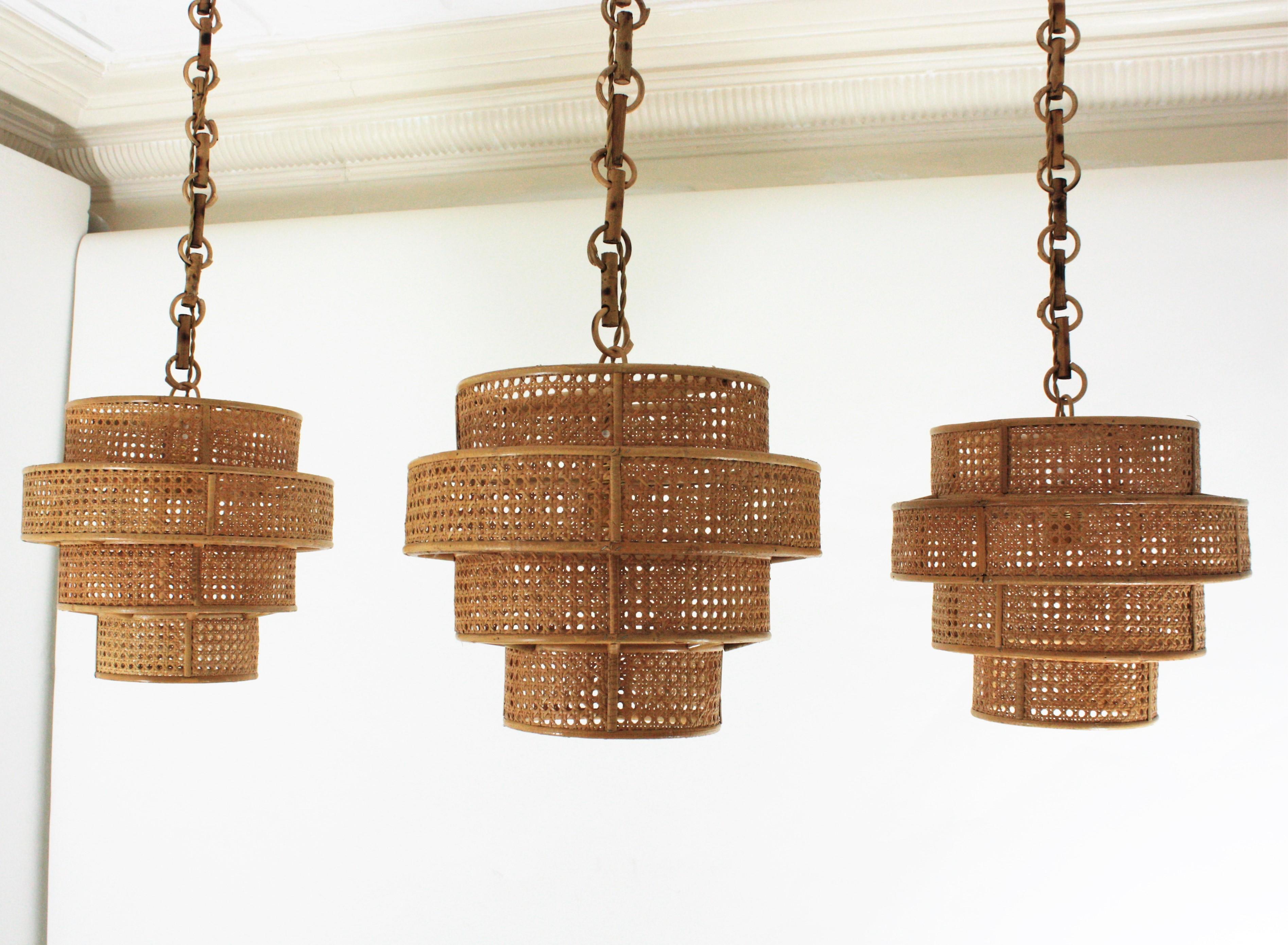 Set of Three Rattan Wicker Weave Cylinder Pendant Lights / Lanterns For Sale 1