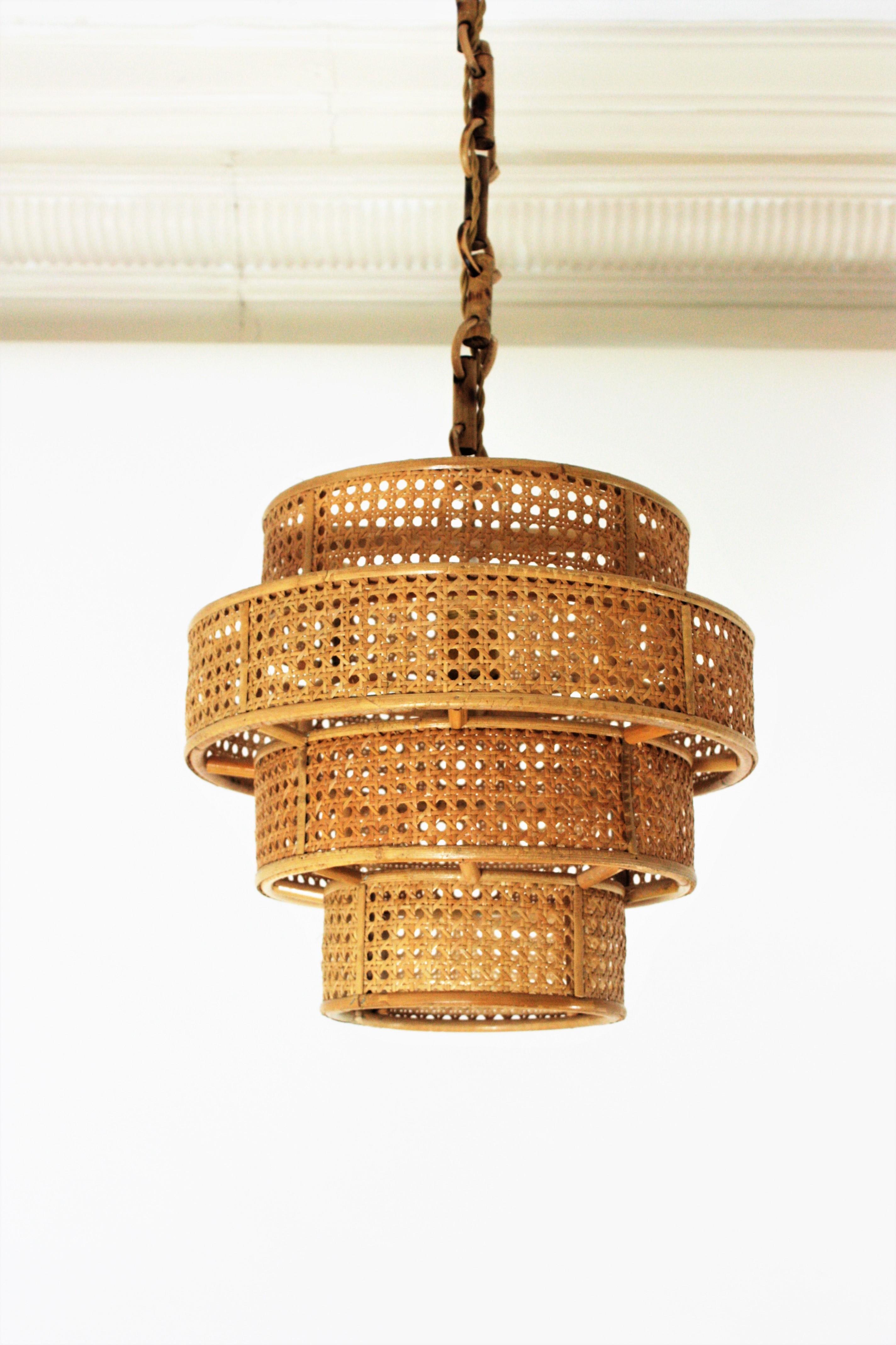 Set of Three Rattan Wicker Weave Cylinder Pendant Lights / Lanterns For Sale 2