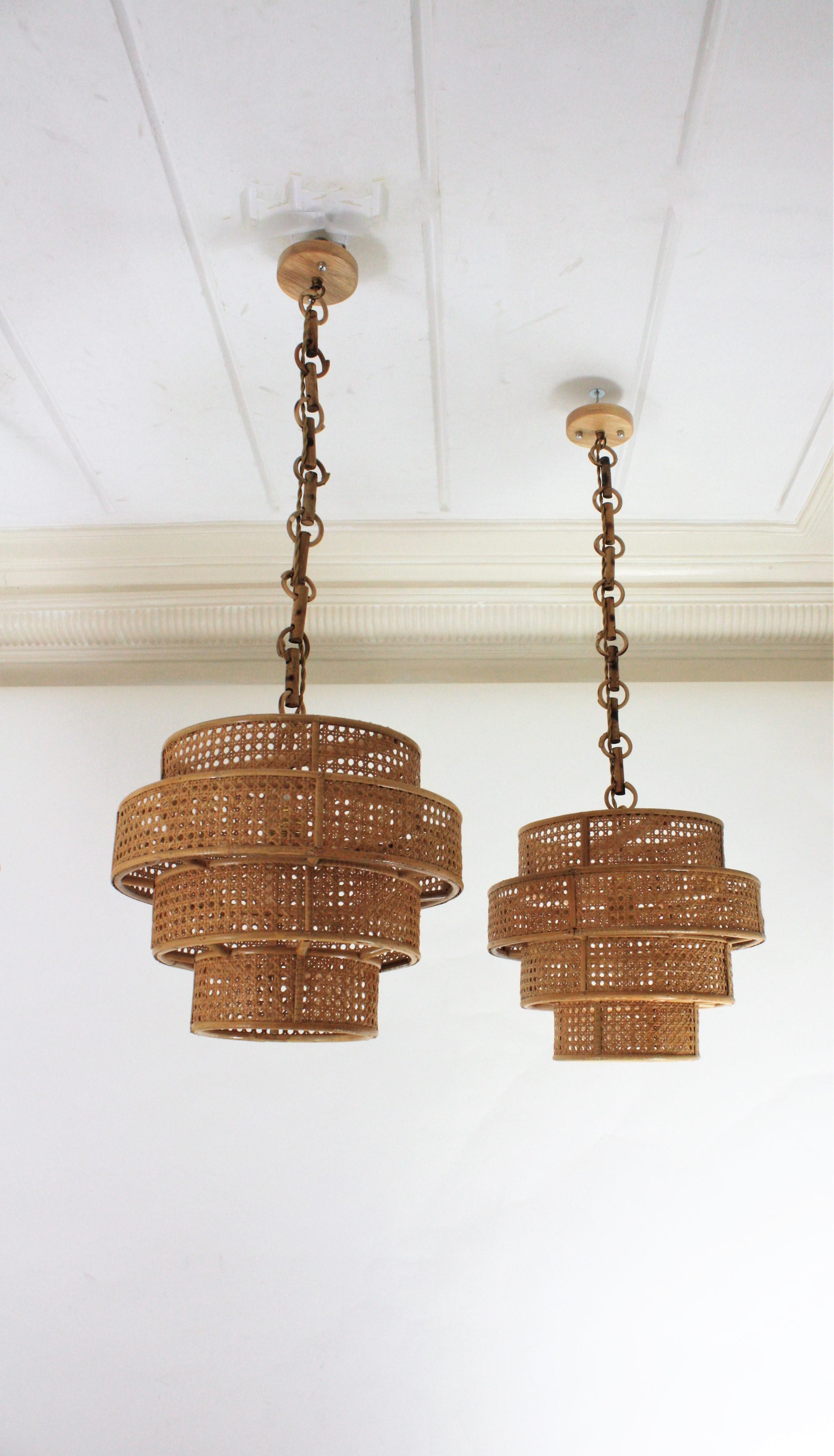Set of Three Rattan Wicker Weave Cylinder Pendant Lights / Lanterns For Sale 4