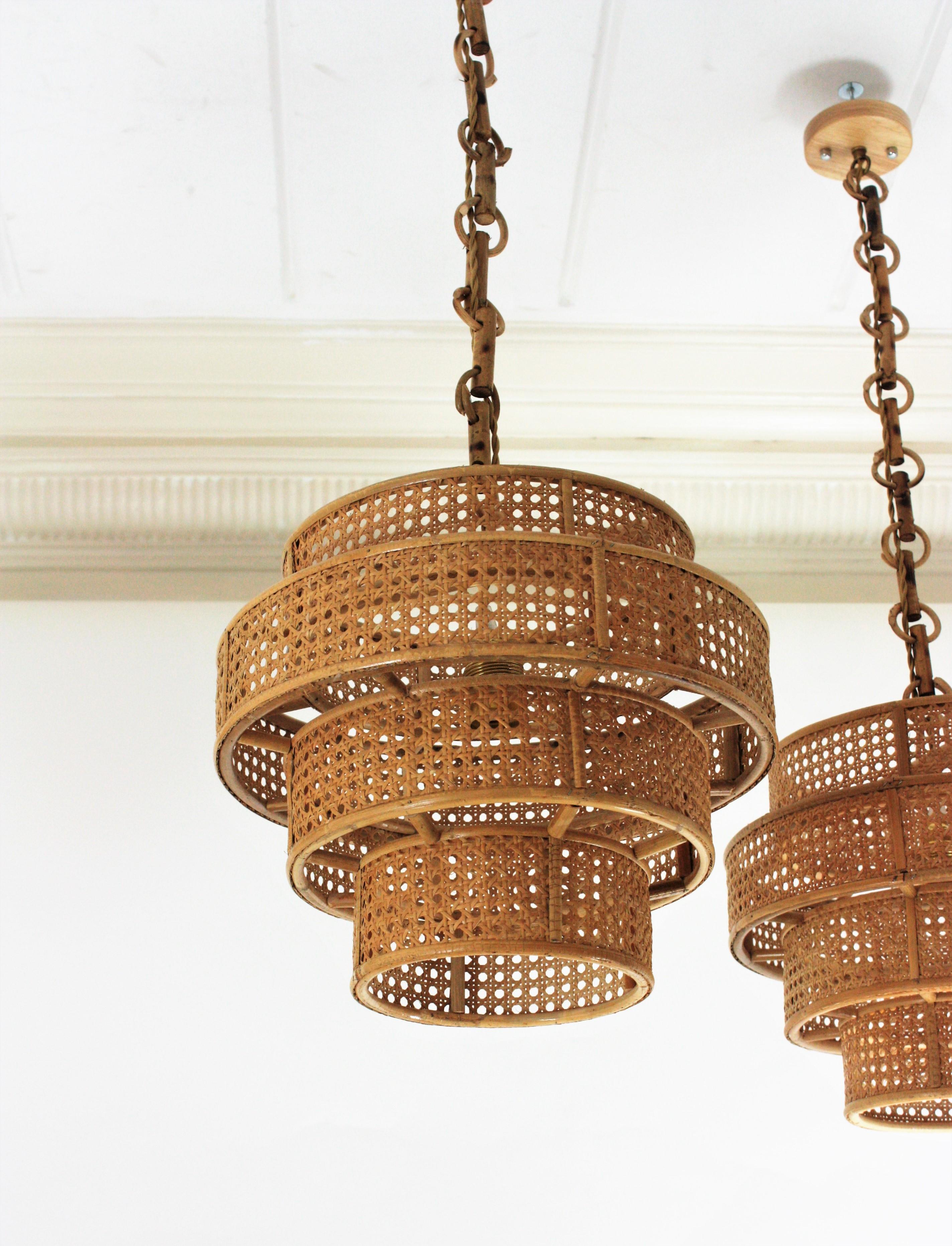 Set of Three Rattan Wicker Weave Cylinder Pendant Lights / Lanterns For Sale 5