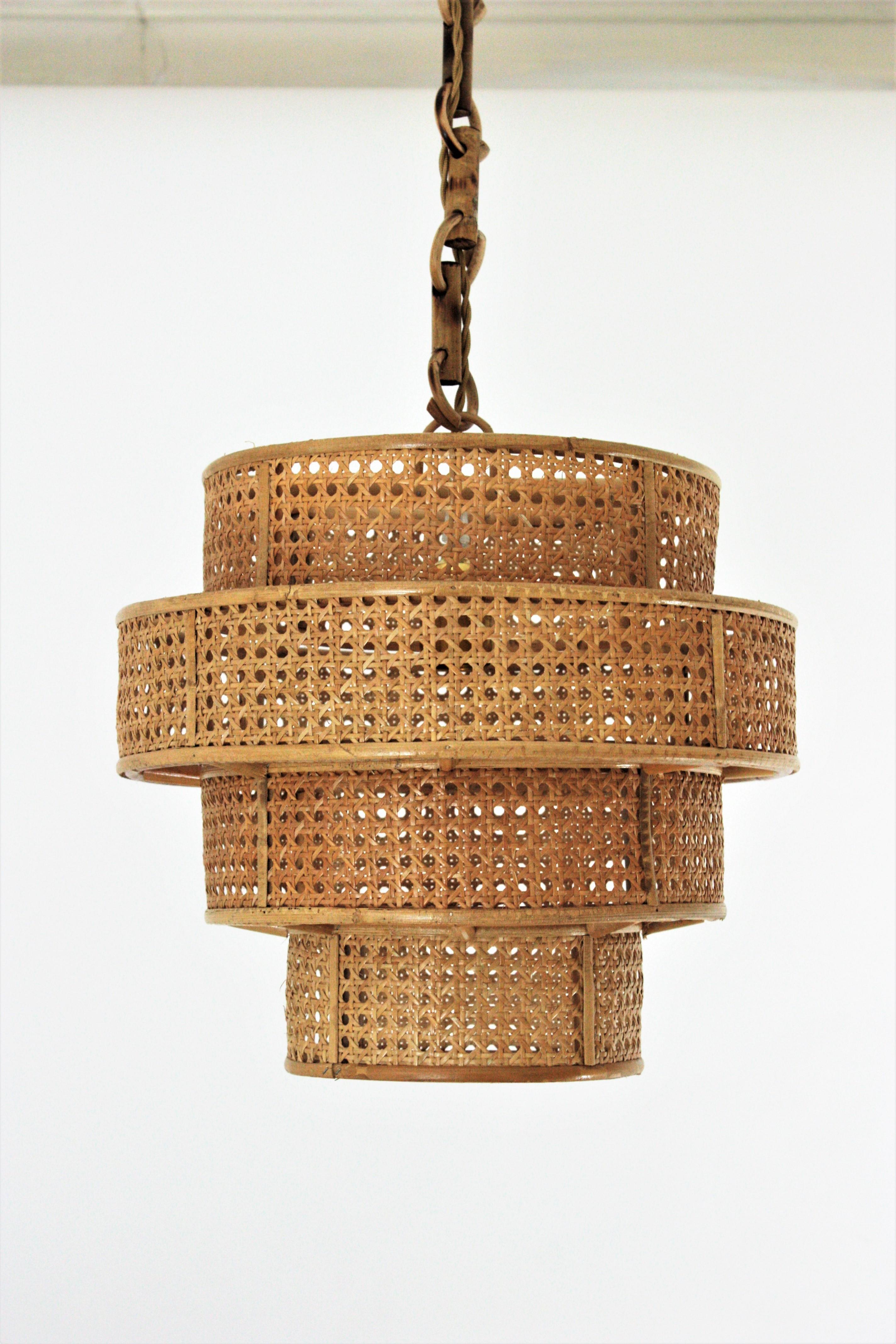 Set of Three Rattan Wicker Weave Cylinder Pendant Lights / Lanterns For Sale 8