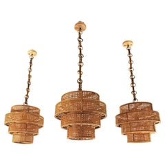 Set of Three Rattan Wicker Weave Cylinder Pendant Lights / Lanterns
