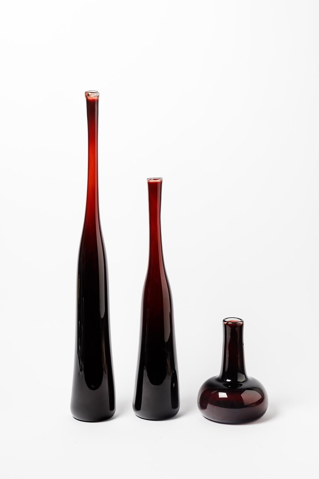 Set of Three Red 20th Century Glass Design by Claude Morin Modern Bottle Vase 9