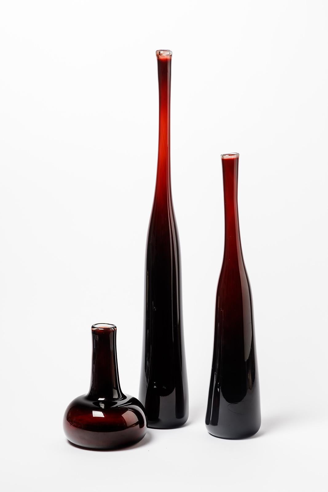 Set of Three Red 20th Century Glass Design by Claude Morin Modern Bottle Vase 10