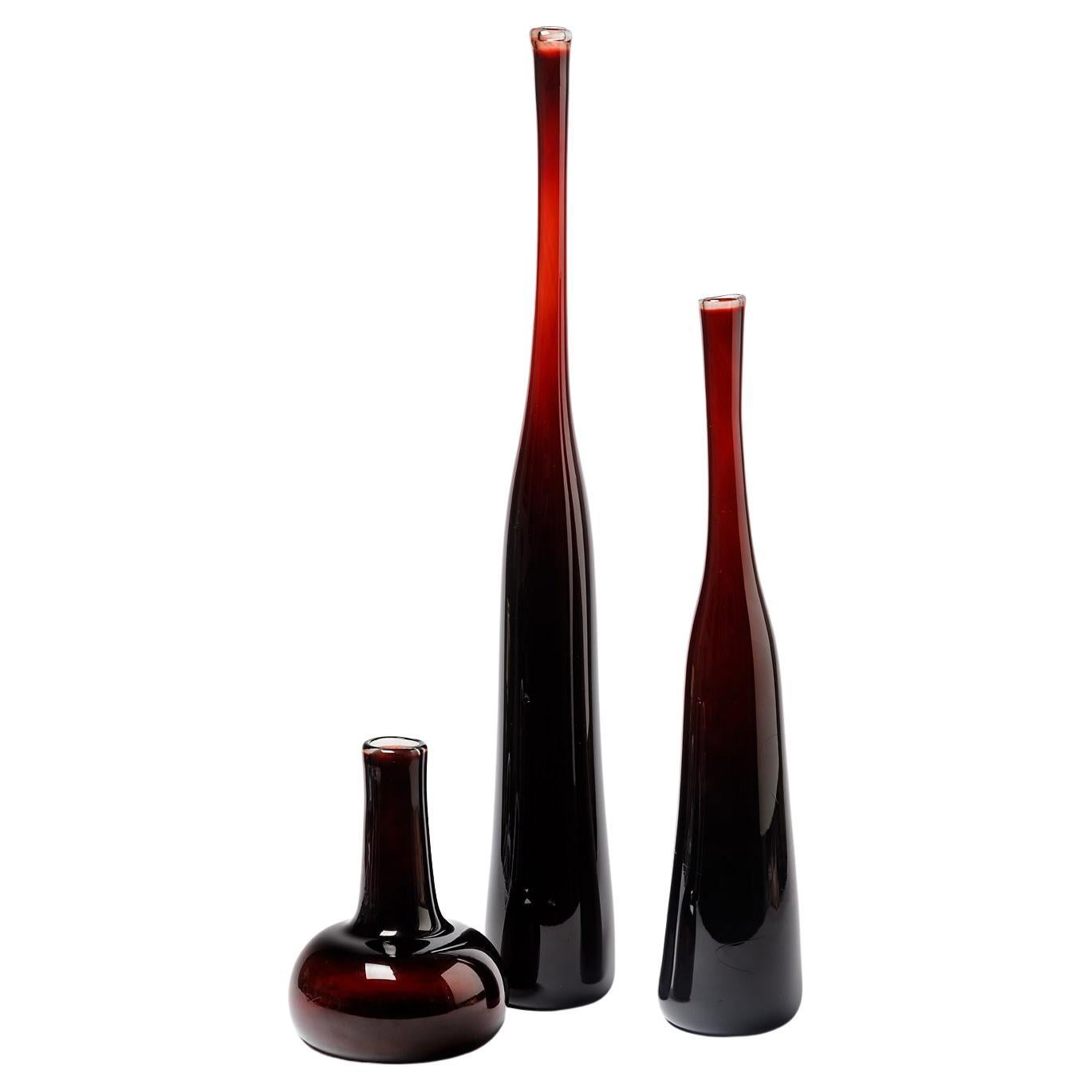 Set of Three Red 20th Century Glass Design by Claude Morin Modern Bottle Vase