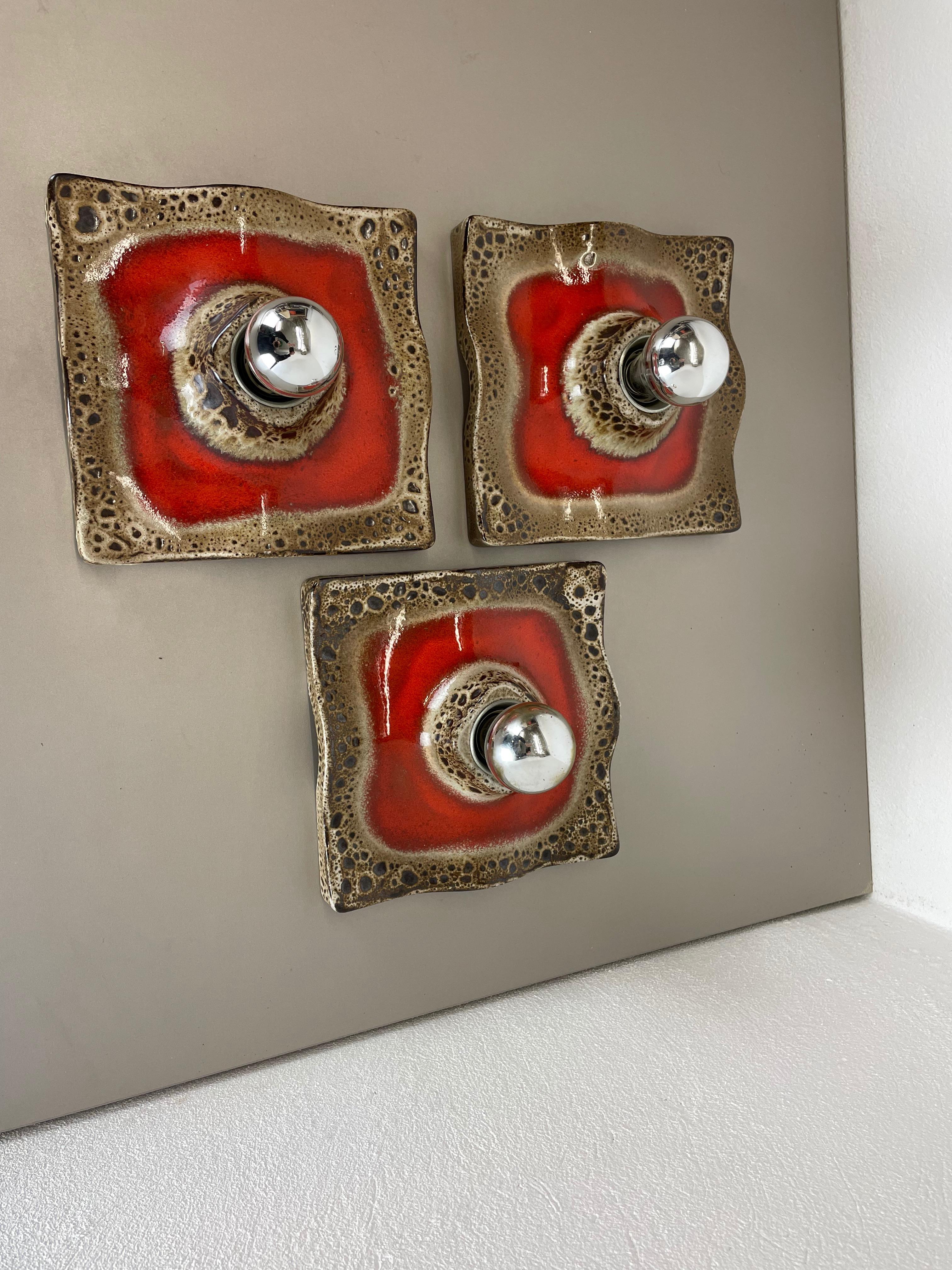 Set of Three Red Ceramic Fat Lava Wall Lights by Pan Ceramics, Germany 1970s For Sale 10