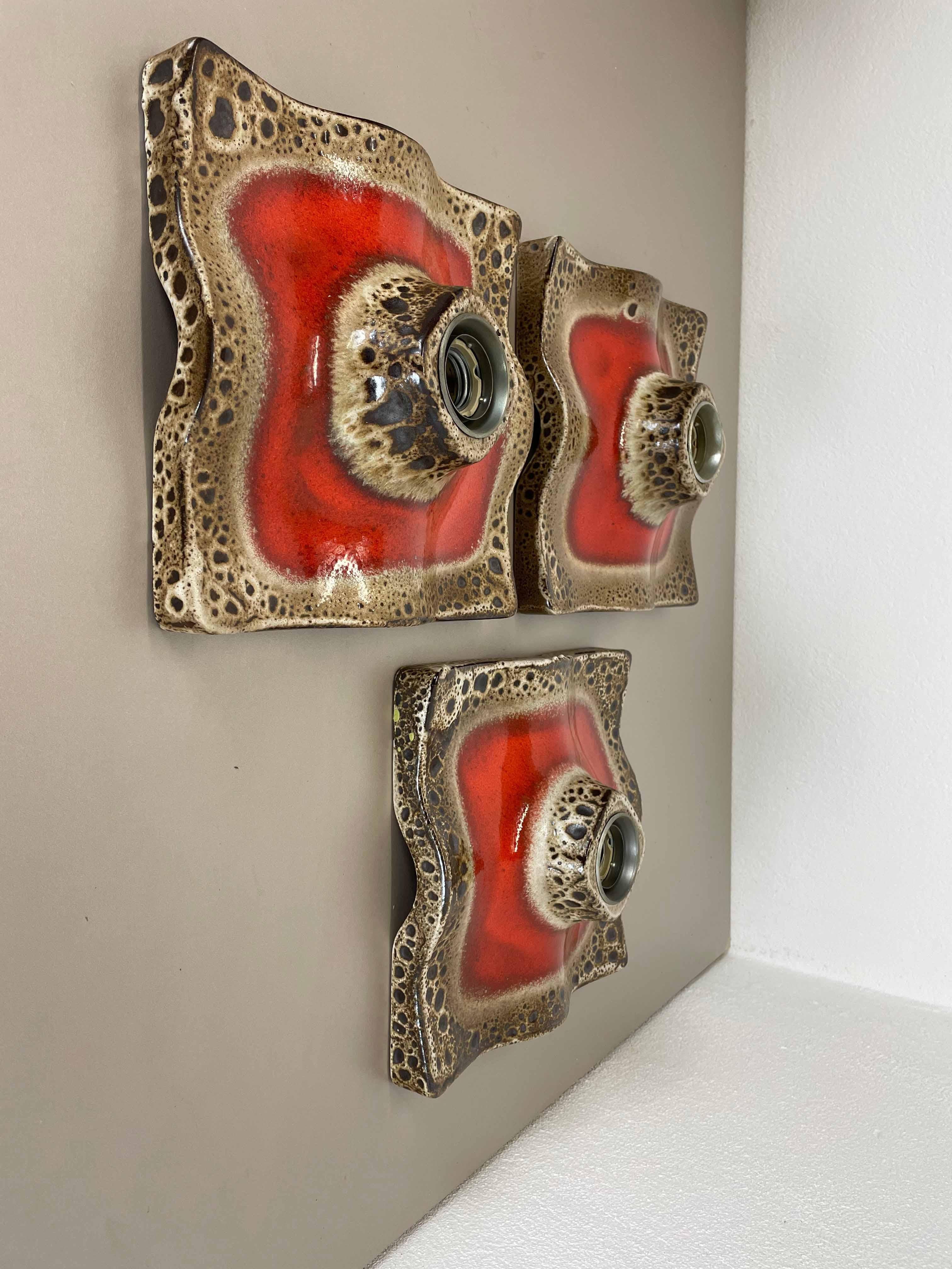 Mid-Century Modern Set of Three Red Ceramic Fat Lava Wall Lights by Pan Ceramics, Germany 1970s For Sale