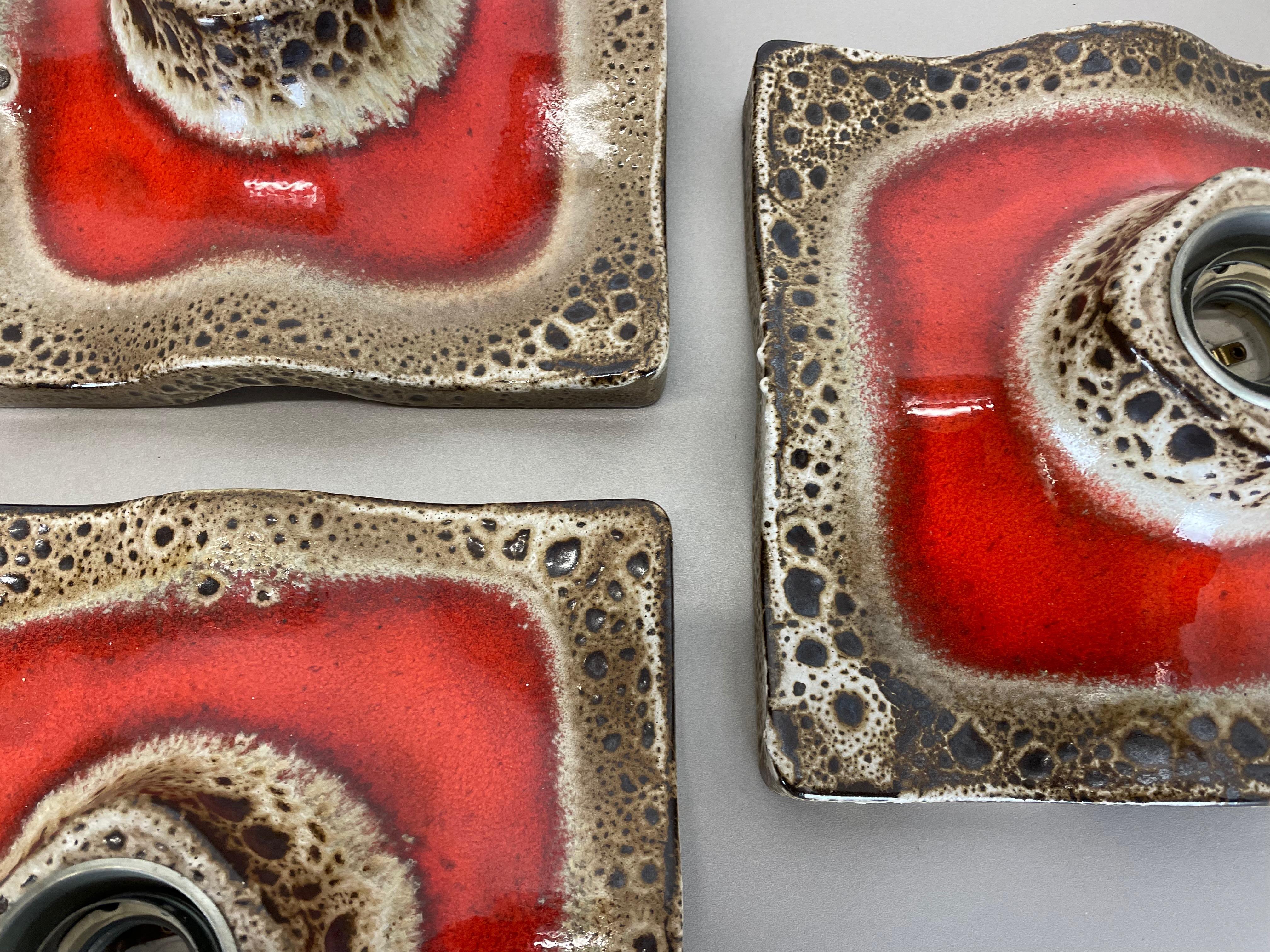 Metal Set of Three Red Ceramic Fat Lava Wall Lights by Pan Ceramics, Germany 1970s For Sale