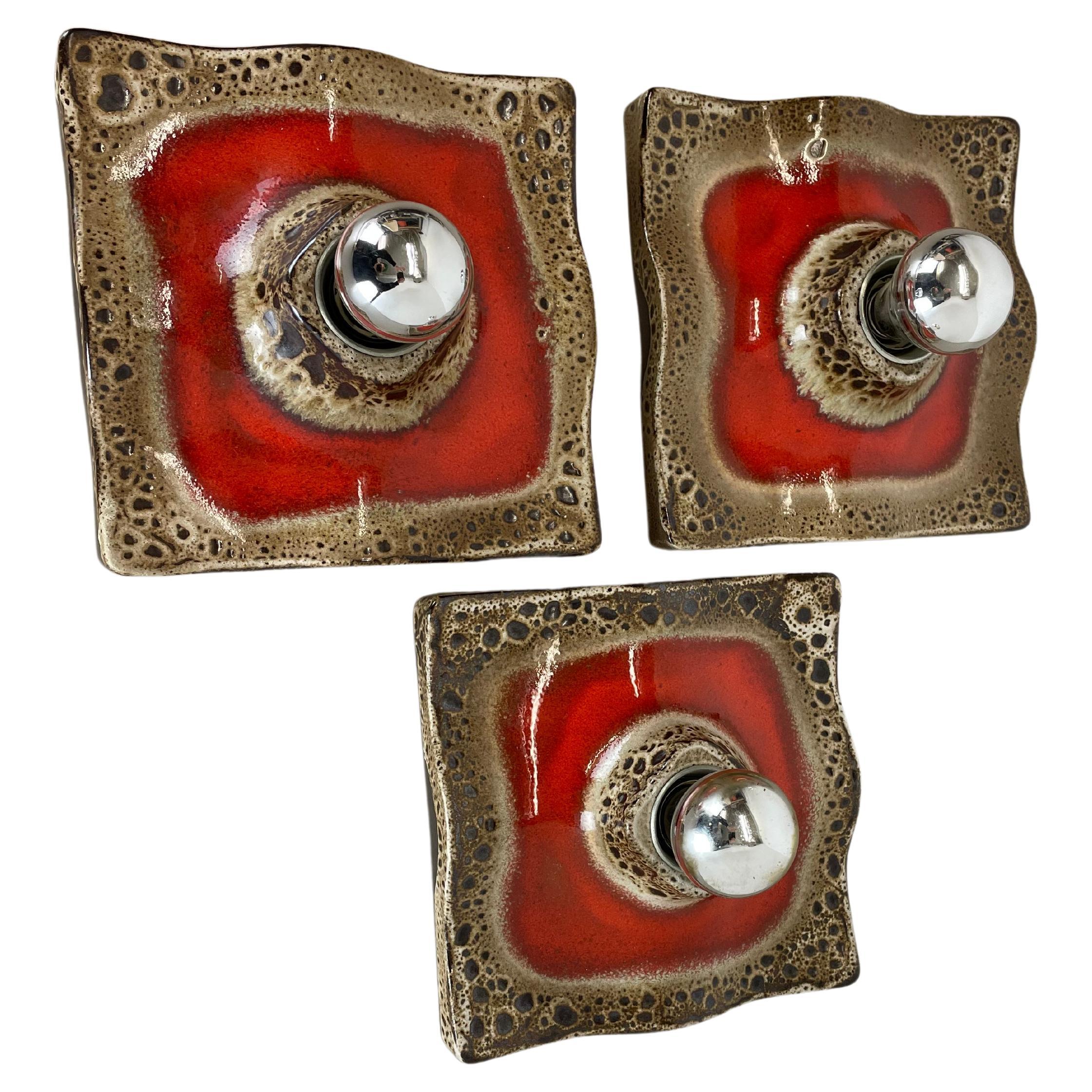 Set of Three Red Ceramic Fat Lava Wall Lights by Pan Ceramics, Germany 1970s For Sale
