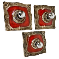 Used Set of Three Red Ceramic Fat Lava Wall Lights by Pan Ceramics, Germany 1970s