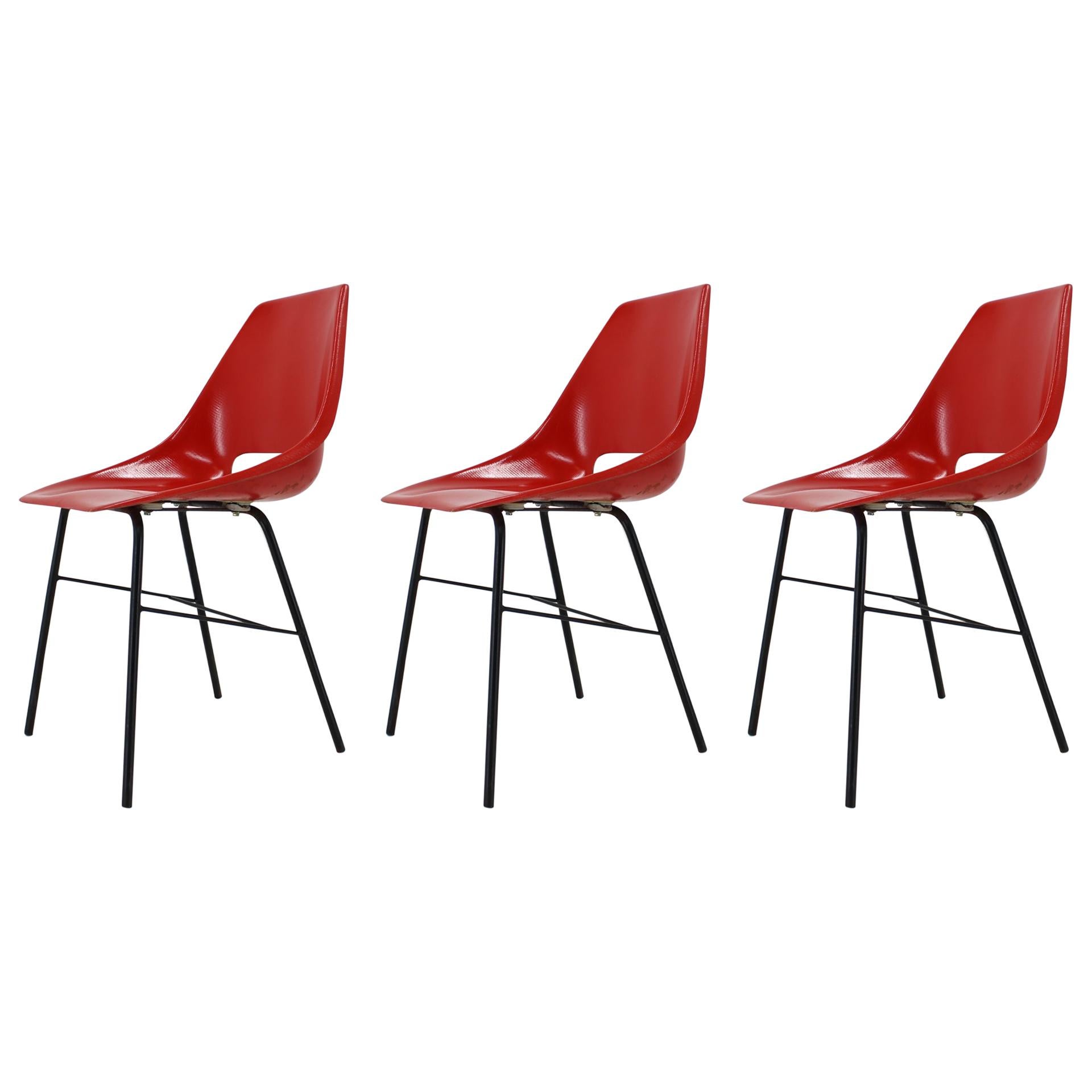 Set of Three Red Design Fiberglass Dining Chairs / Czechoslovakia, 1960s For Sale