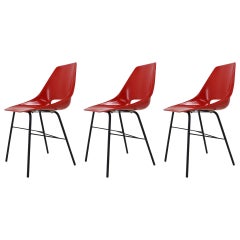 Set of Three Red Design Fiberglass Dining Chairs / Czechoslovakia, 1960s