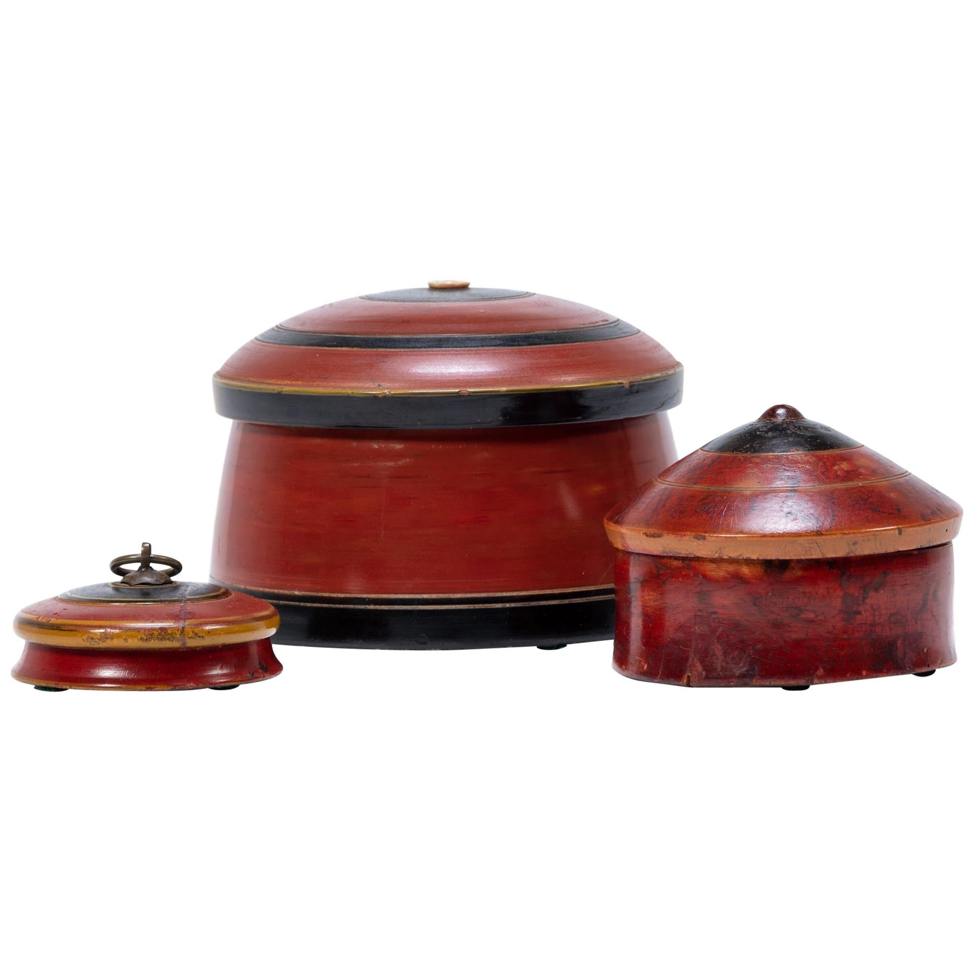 Set of Three Red Lacquer Betel Boxes