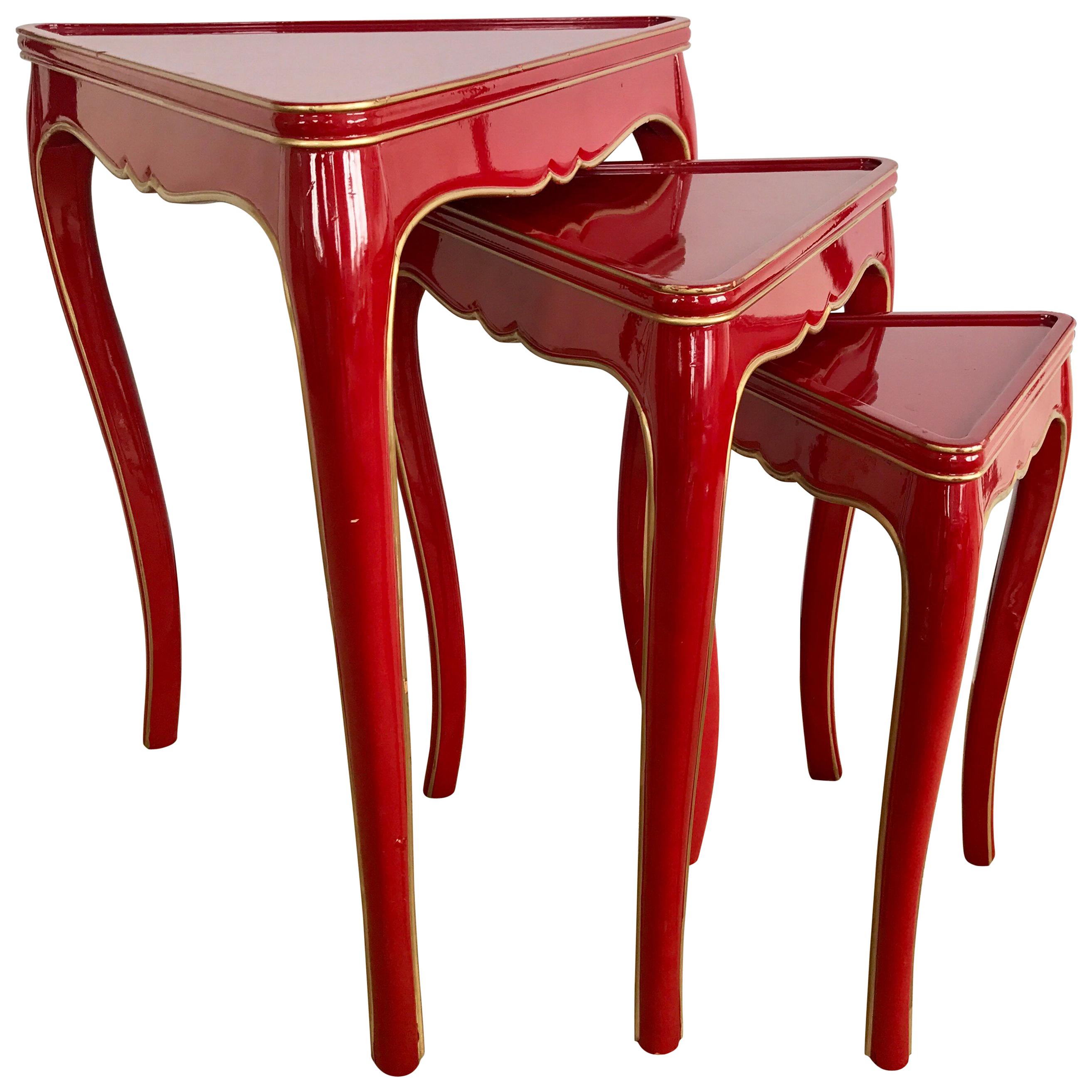 Set of Three Red Lacquer Nesting Tables Stacking Serving Side End