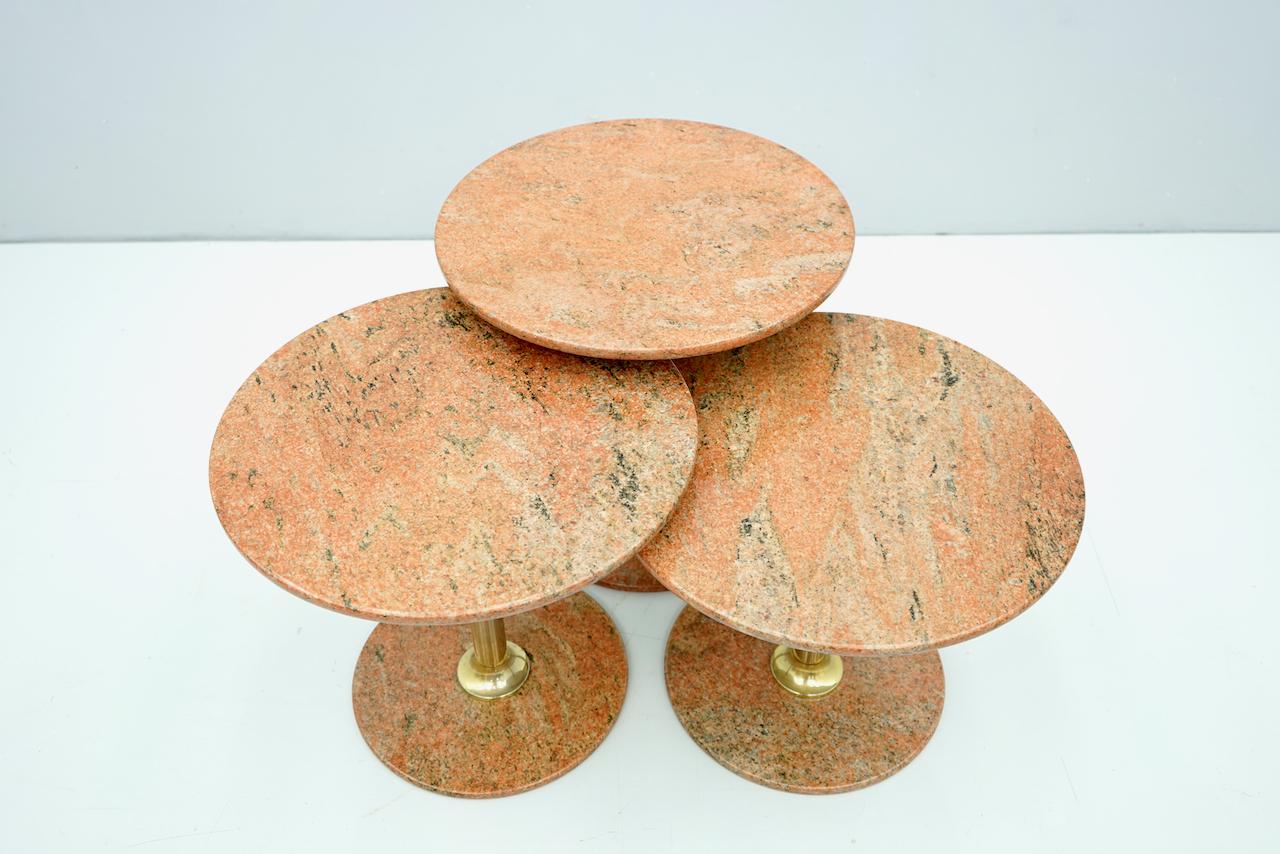 European Set of Three Red Marble and Brass Side or Nesting Tables, 1970s