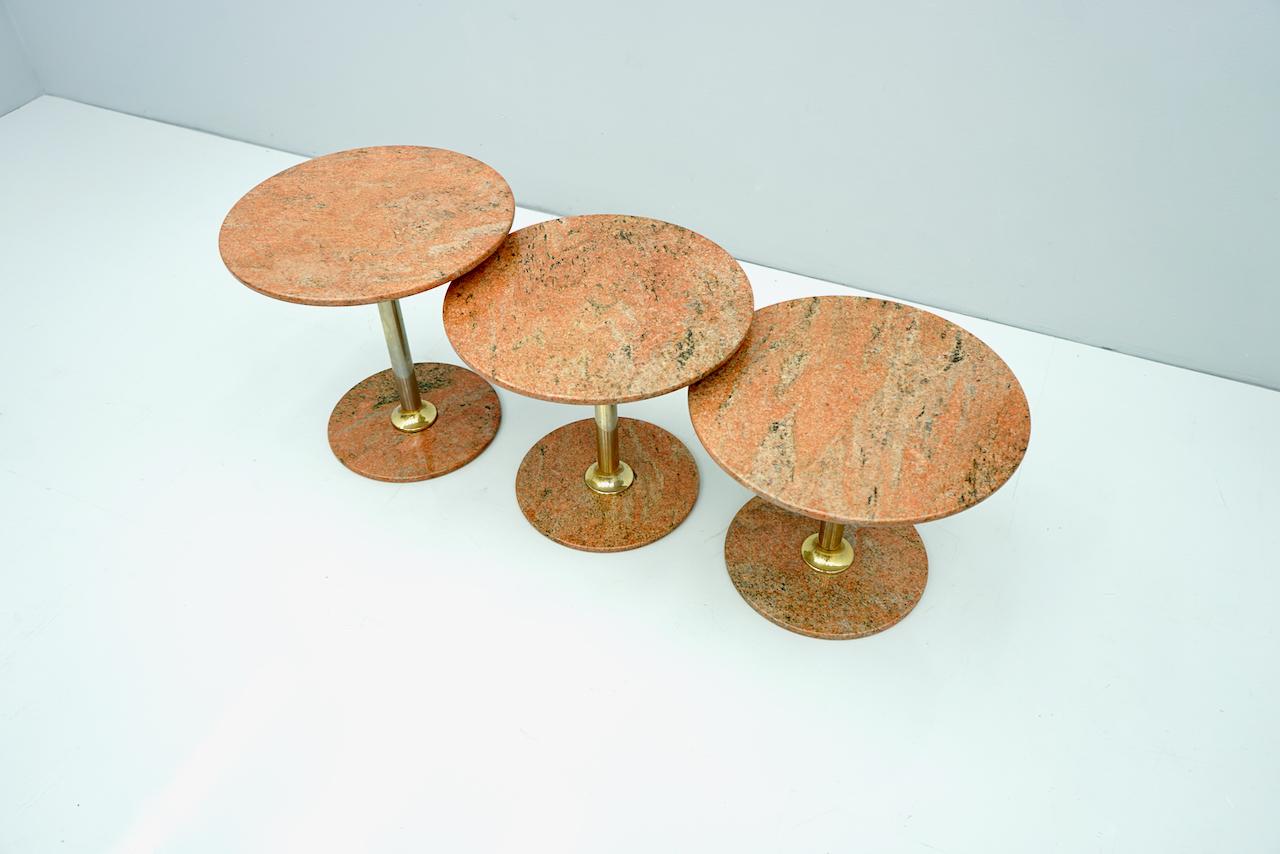 Metal Set of Three Red Marble and Brass Side or Nesting Tables, 1970s