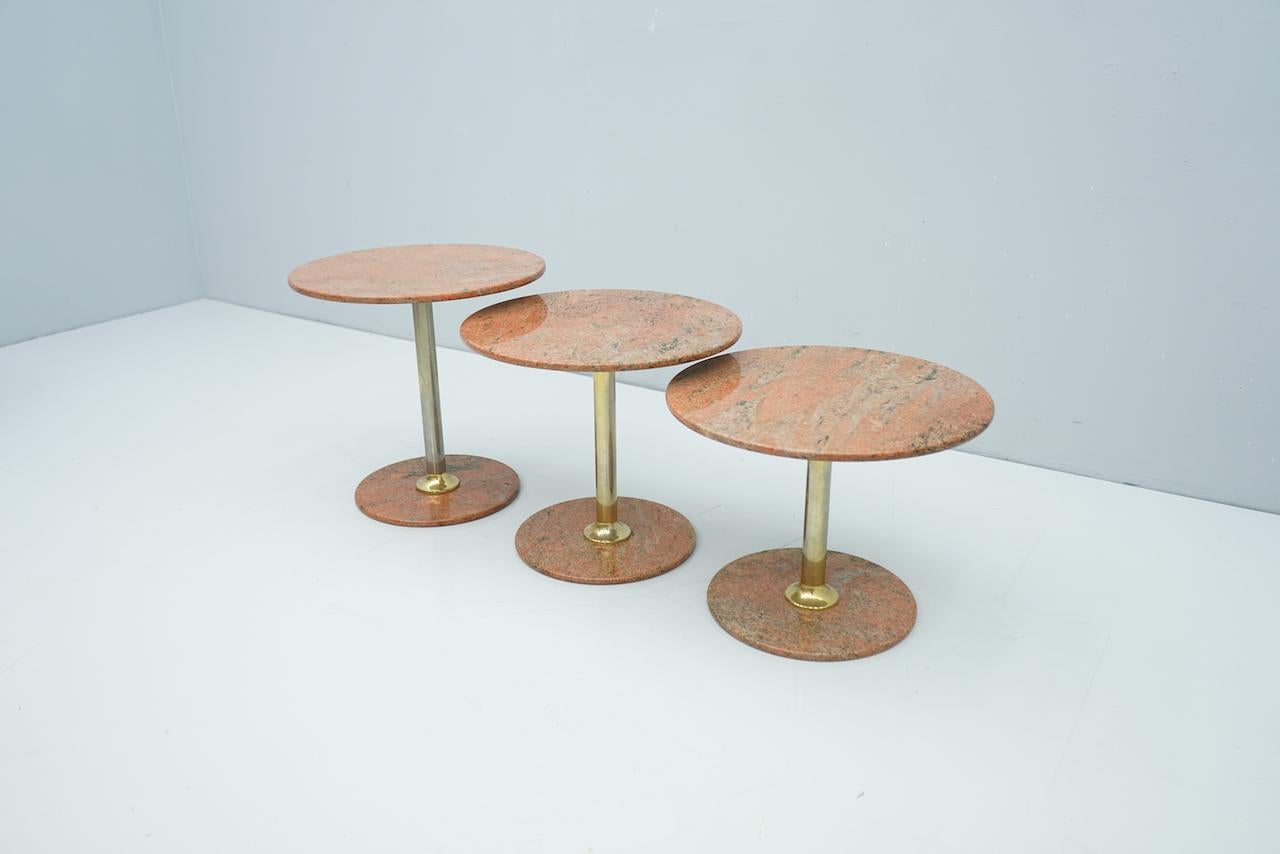 Set of Three Red Marble and Brass Side or Nesting Tables, 1970s 1