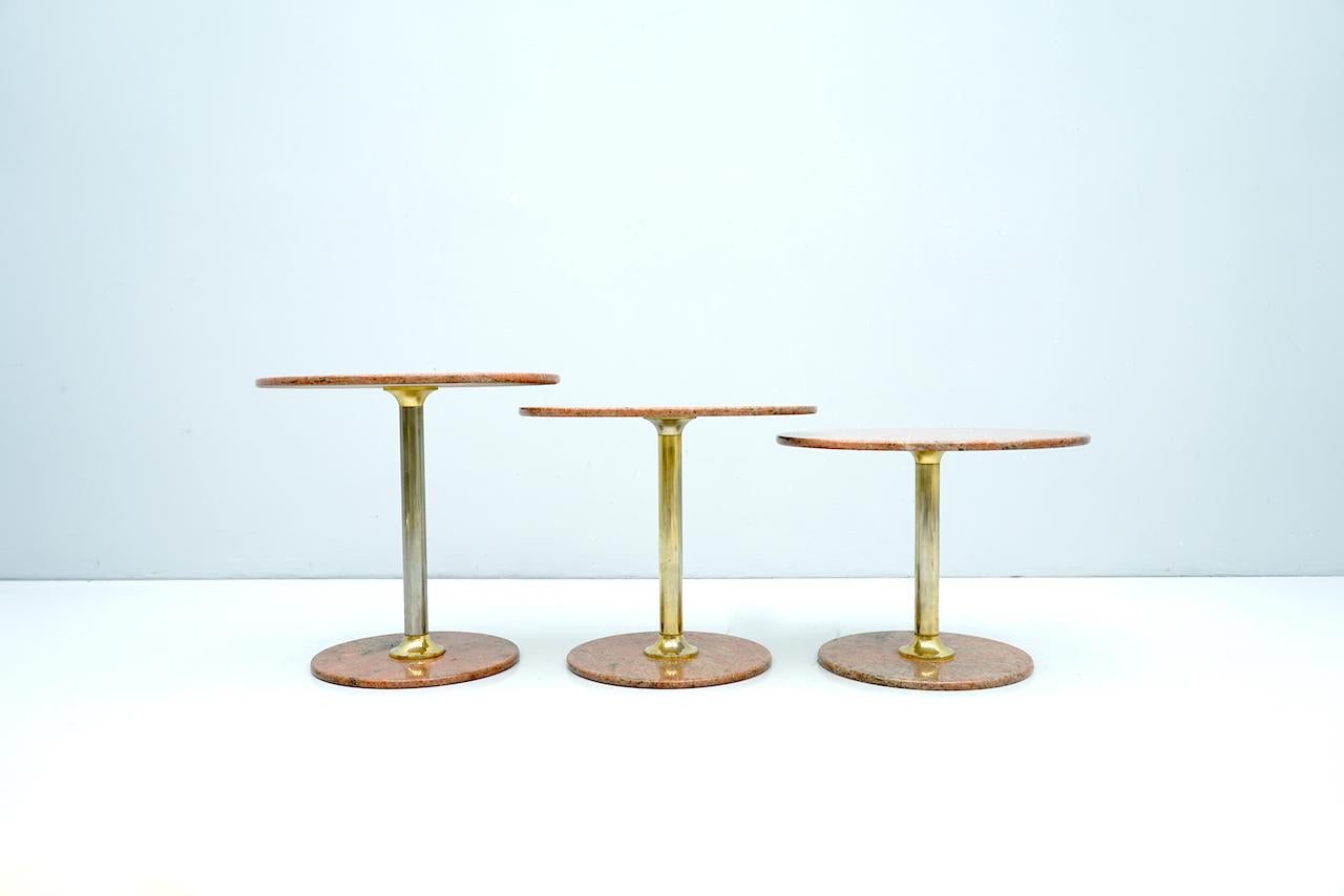 Set of Three Red Marble and Brass Side or Nesting Tables, 1970s 2