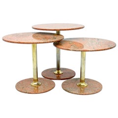 Set of Three Red Marble and Brass Side or Nesting Tables, 1970s