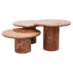 Vintage Set of Three Red Verona Marble Round Coffee or Side Tables, Italy 1980