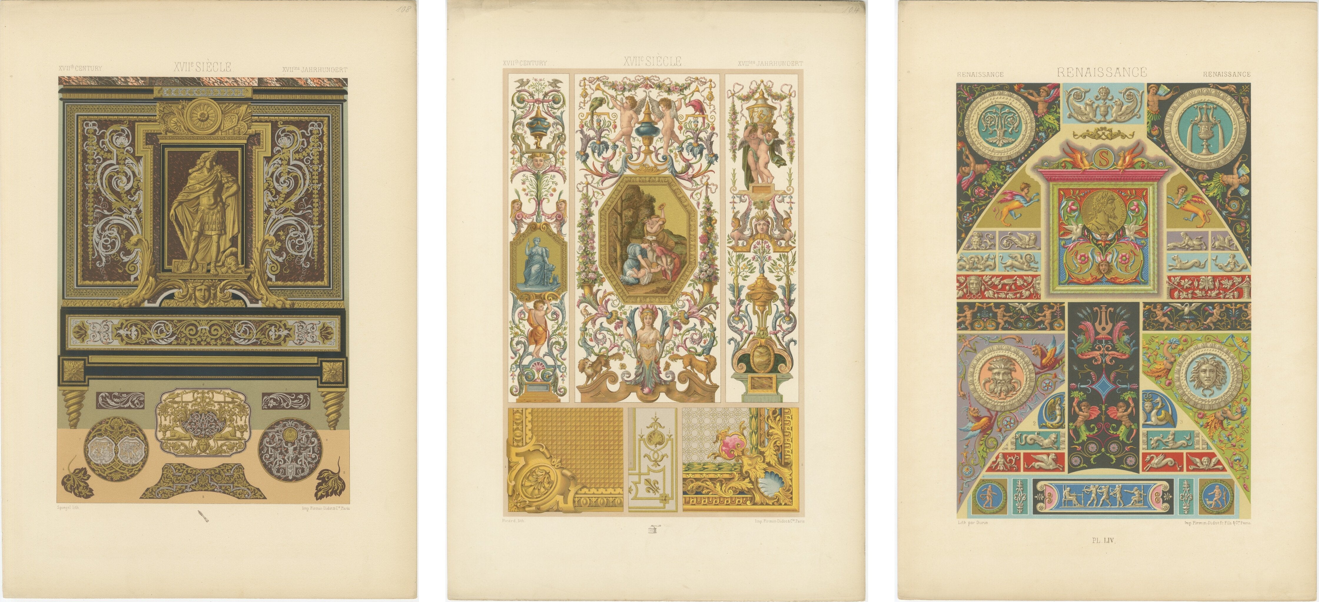Set of Three Renaissance Decorative Panel Chromolithographs by Racinet, 1873