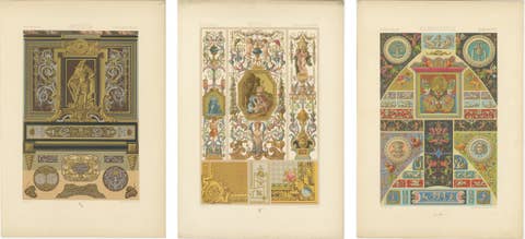 Set of Three Renaissance Decorative Panel Chromolithographs by Racinet, 1873