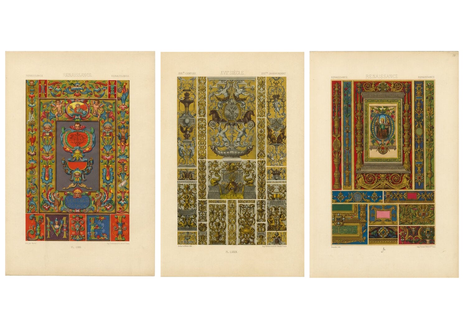 Set of Three Renaissance Grotesque Ornament Chromolithographs by Racinet, 1873