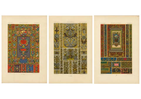 Set of Three Renaissance Grotesque Ornament Chromolithographs by Racinet, 1873
