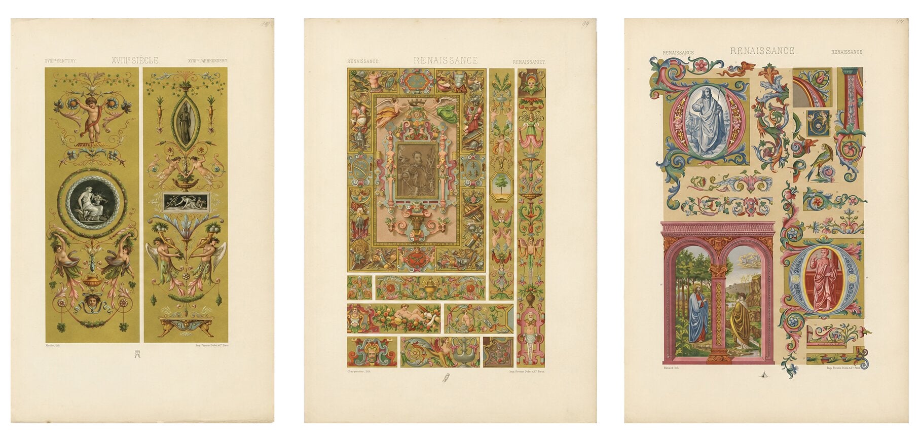 Set of Three Renaissance Religious Ornament Chromolithographs by Racinet, 1873