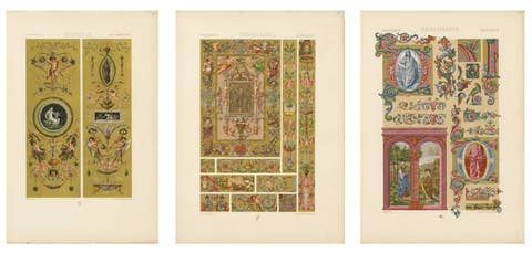 Set of Three Renaissance Religious Ornament Chromolithographs by Racinet, 1873