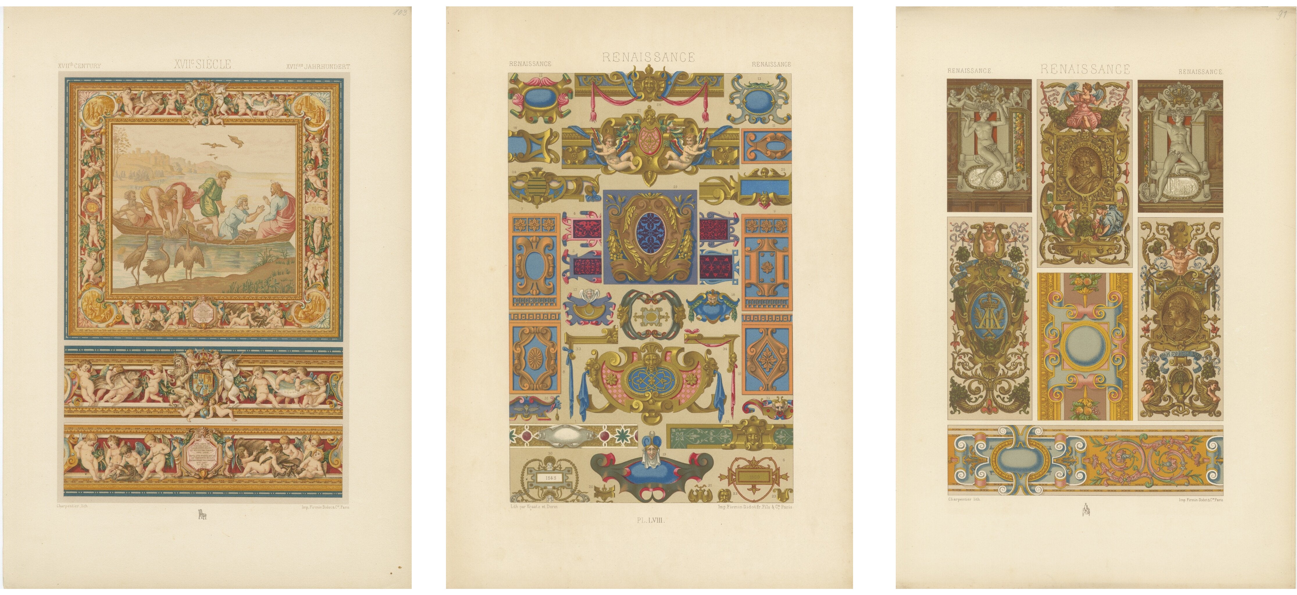 Set of Three Renaissance Religious Ornament Chromolithographs by Racinet, 1873