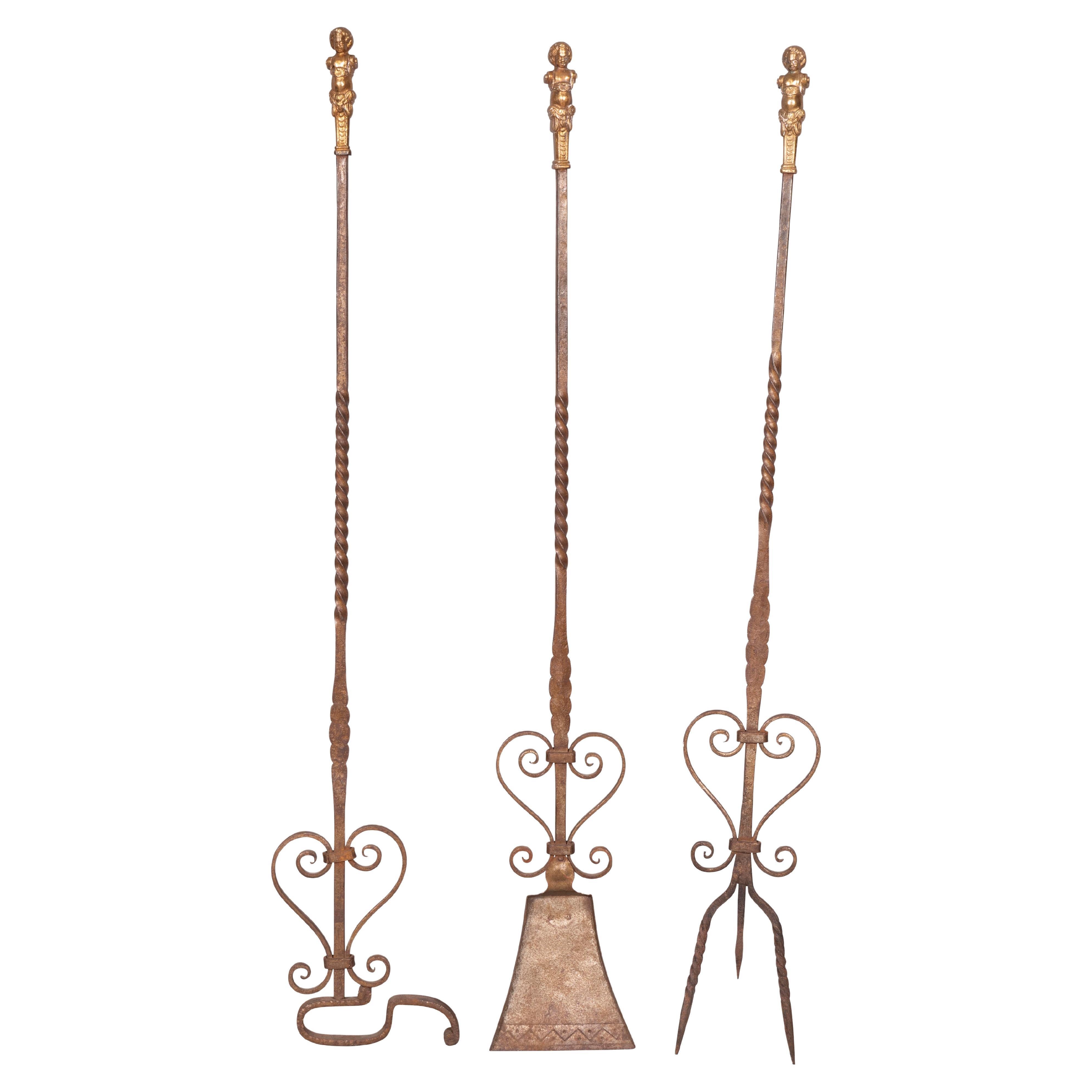 Set of Three Renaissance Style Wrought Iron and Bronze Firetools For Sale