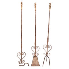 Antique Set of Three Renaissance Style Wrought Iron and Bronze Firetools