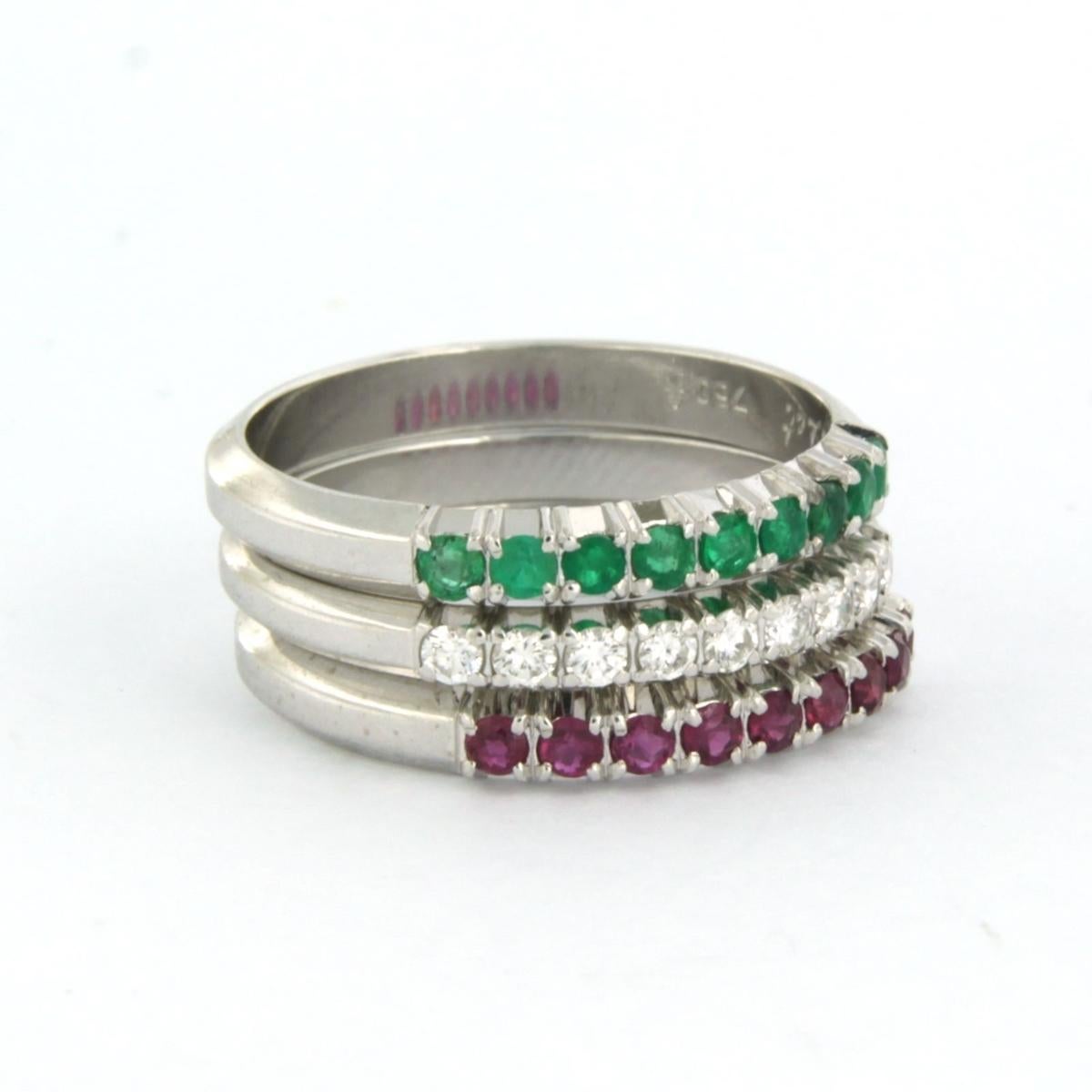 Modern set of three ring set with ruby, emerald and diamond 18k white gold For Sale