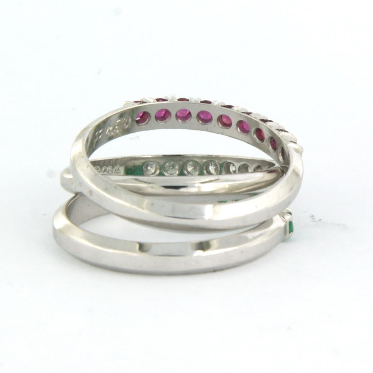 Brilliant Cut set of three ring set with ruby, emerald and diamond 18k white gold For Sale