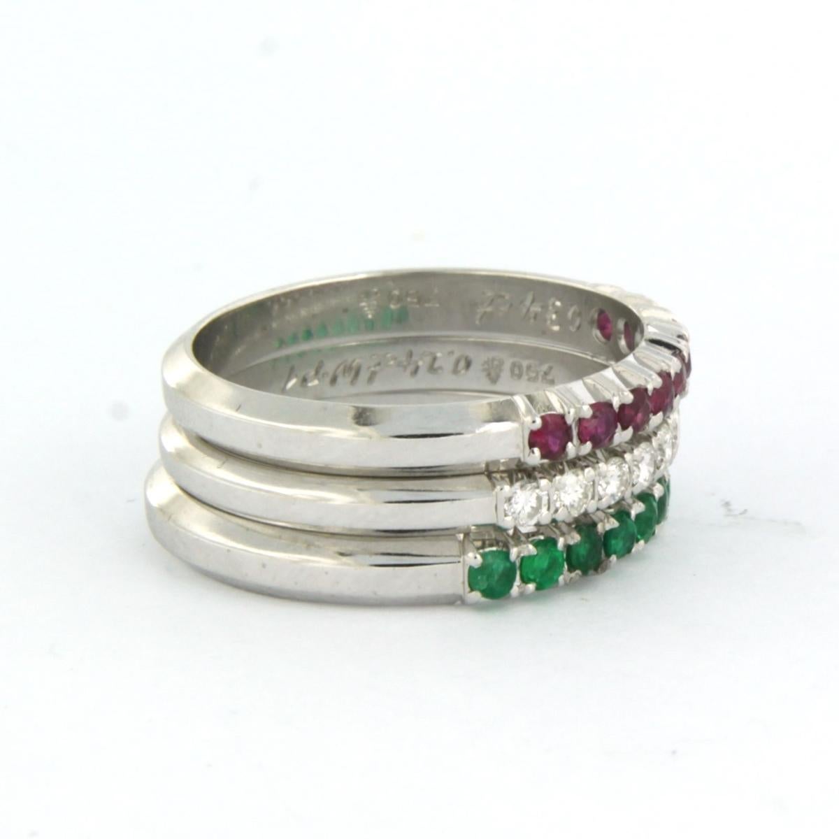 Women's set of three ring set with ruby, emerald and diamond 18k white gold For Sale