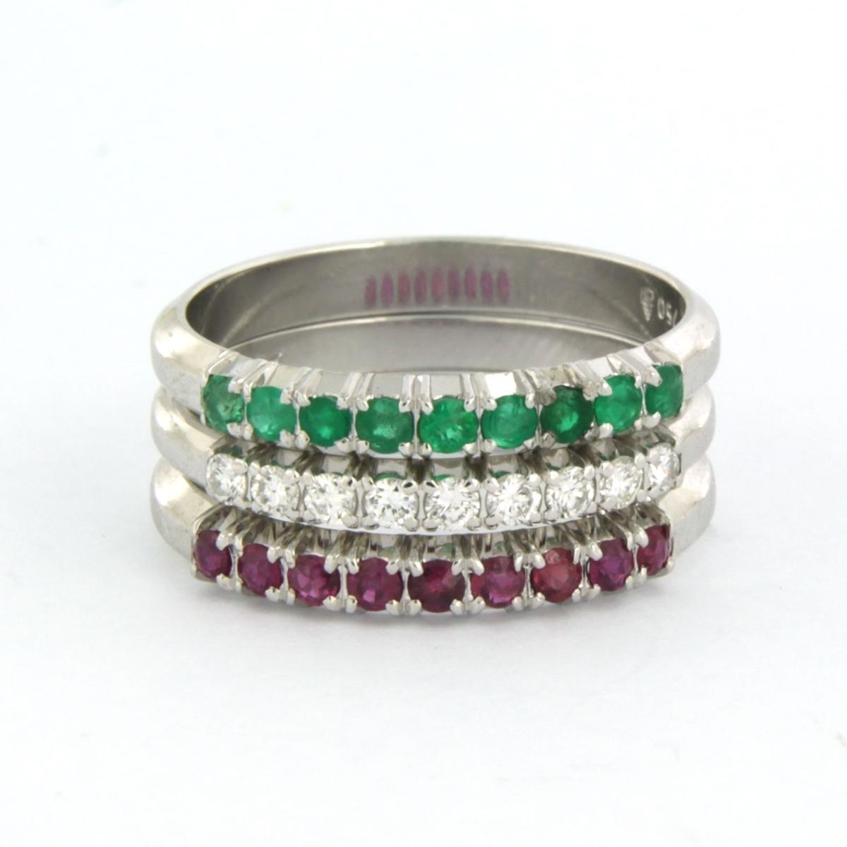 set of three ring set with ruby, emerald and diamond 18k white gold For Sale 1