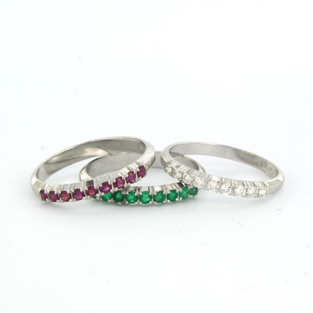 set of three ring set with ruby, emerald and diamond 18k white gold For Sale 3