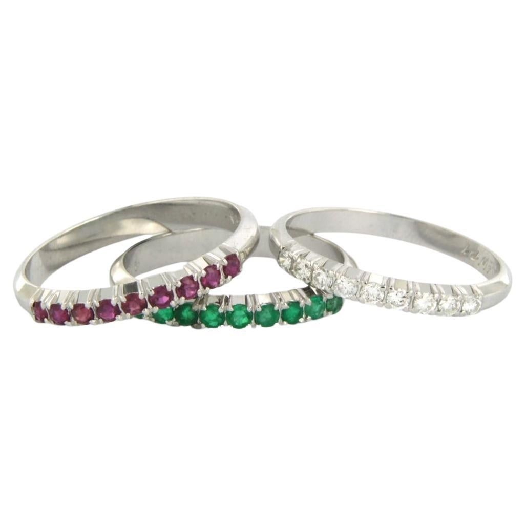 set of three ring set with ruby, emerald and diamond 18k white gold For Sale