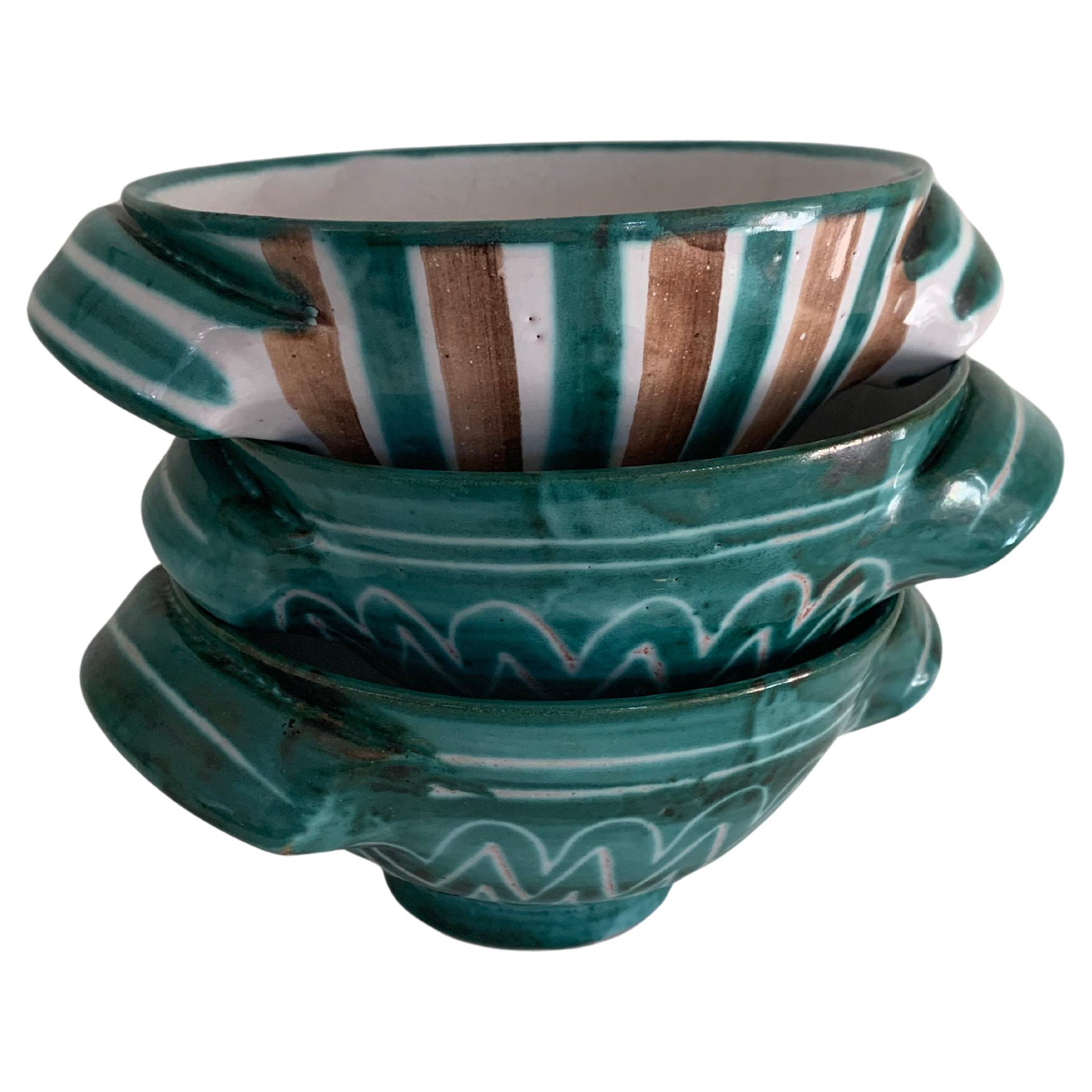 Set di tre ciotole con manico Robert Picault, Vallauris, Francia, anni '50 in vendita