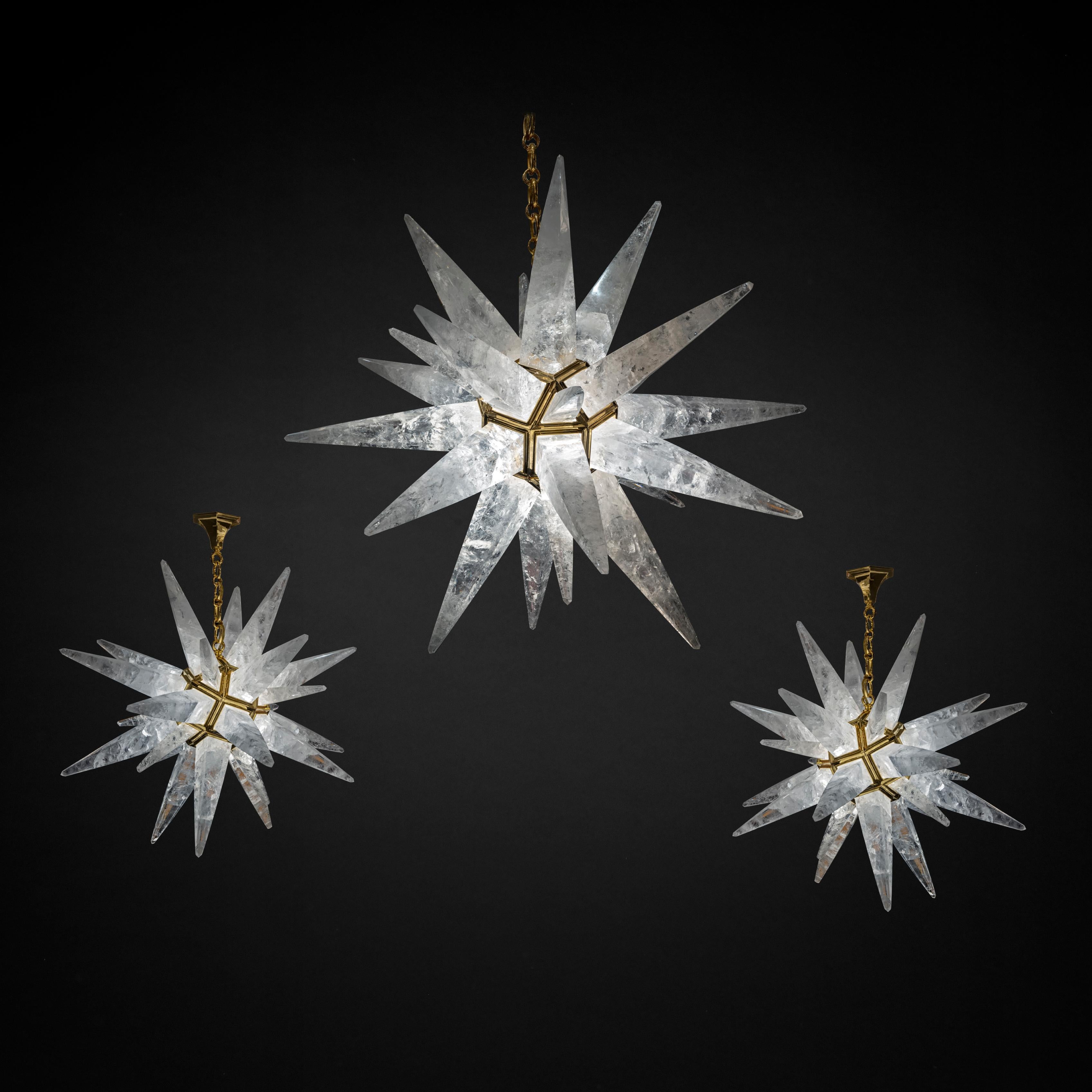 Exclusive set of three rock crystal stars chandeliers made in France.
Made by request at your finition.
Measures: Star I : 30 inches diameter
Ultimate Star : 40 inches diameter.
Make your interior fabulous.
What else ?.