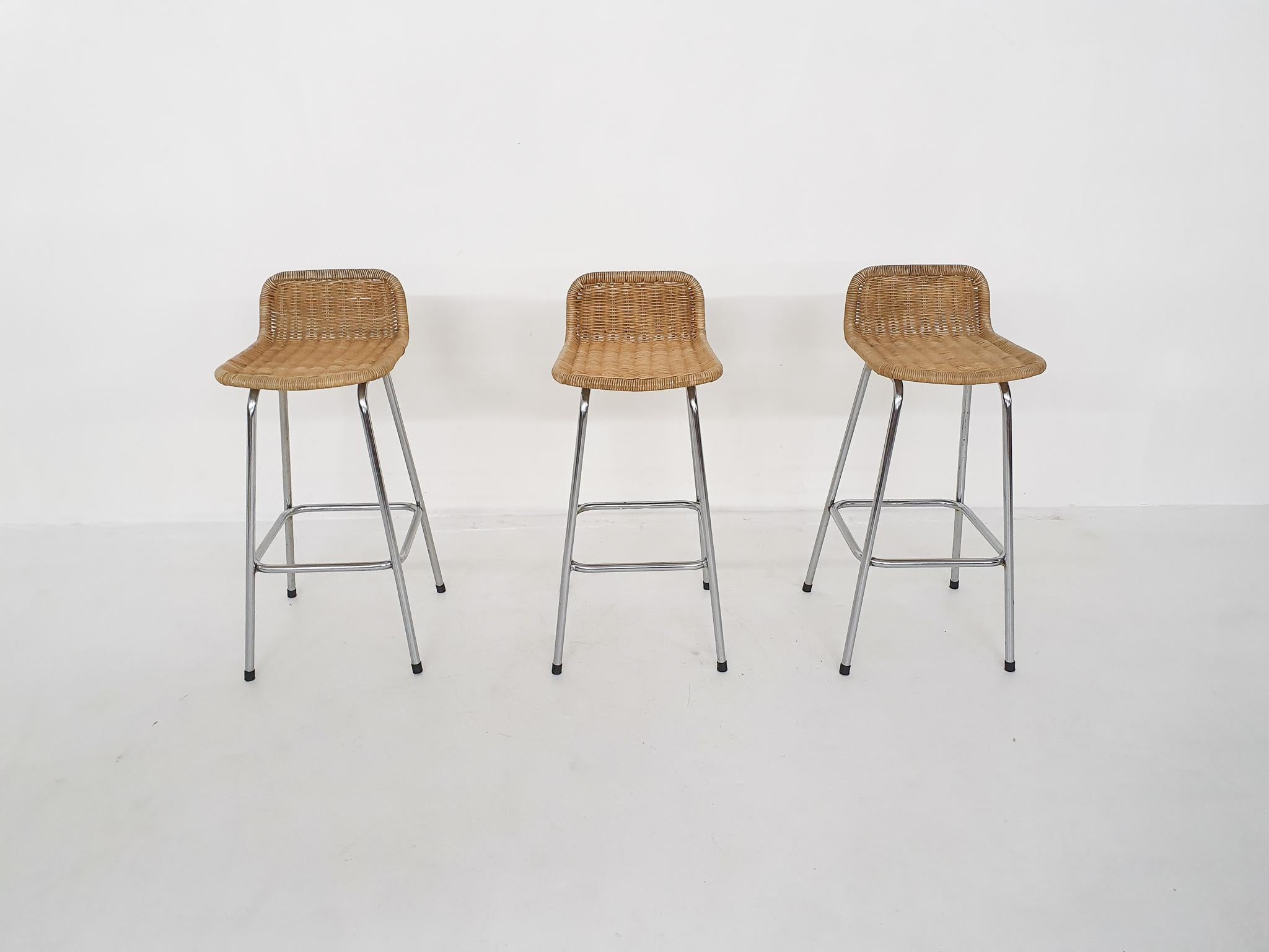 Mid-Century Modern Set of Three Rohe Noordwolde Rattan and Metal Bar Stools, the Netherlands 1950's