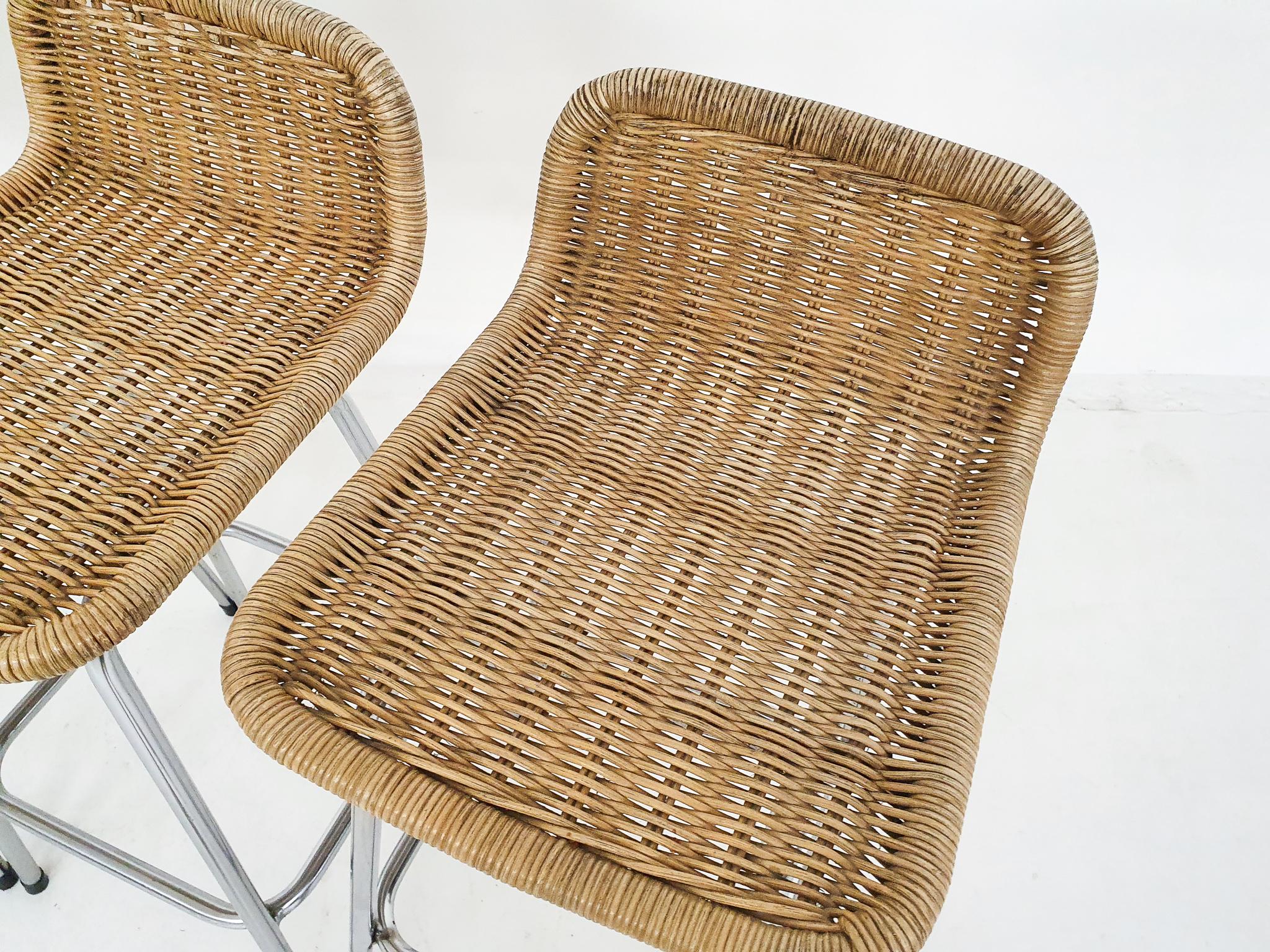 Set of Three Rohe Noordwolde Rattan and Metal Bar Stools, the Netherlands 1950's 3