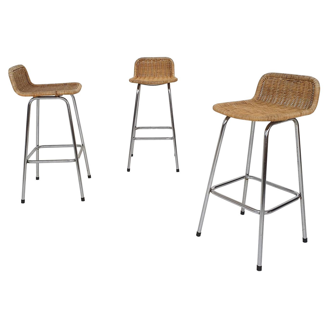 Set of Three Rohe Noordwolde Rattan and Metal Bar Stools, the Netherlands 1950's